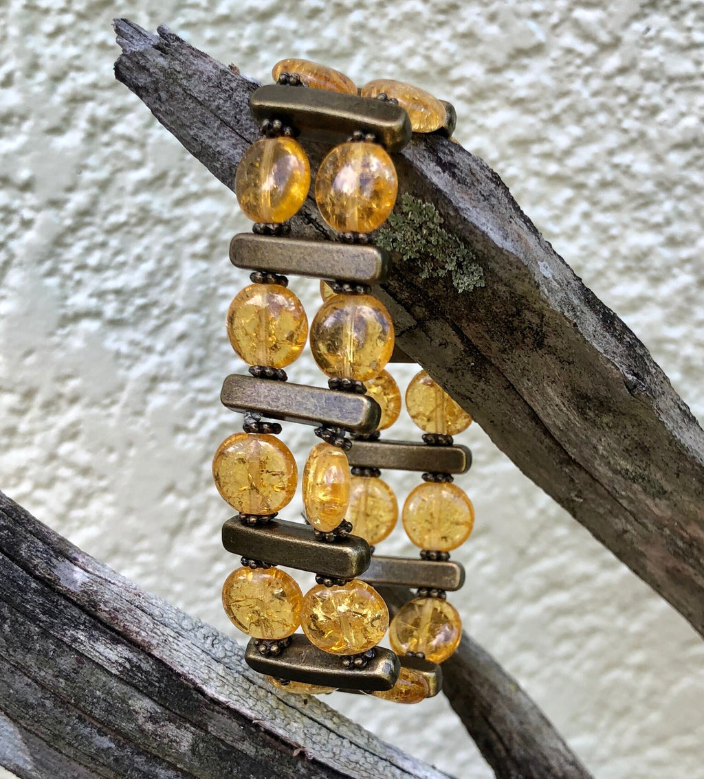 MossberryandStone Double Tier Beaded Bracelet Crackled Amber Resin Antique Brass