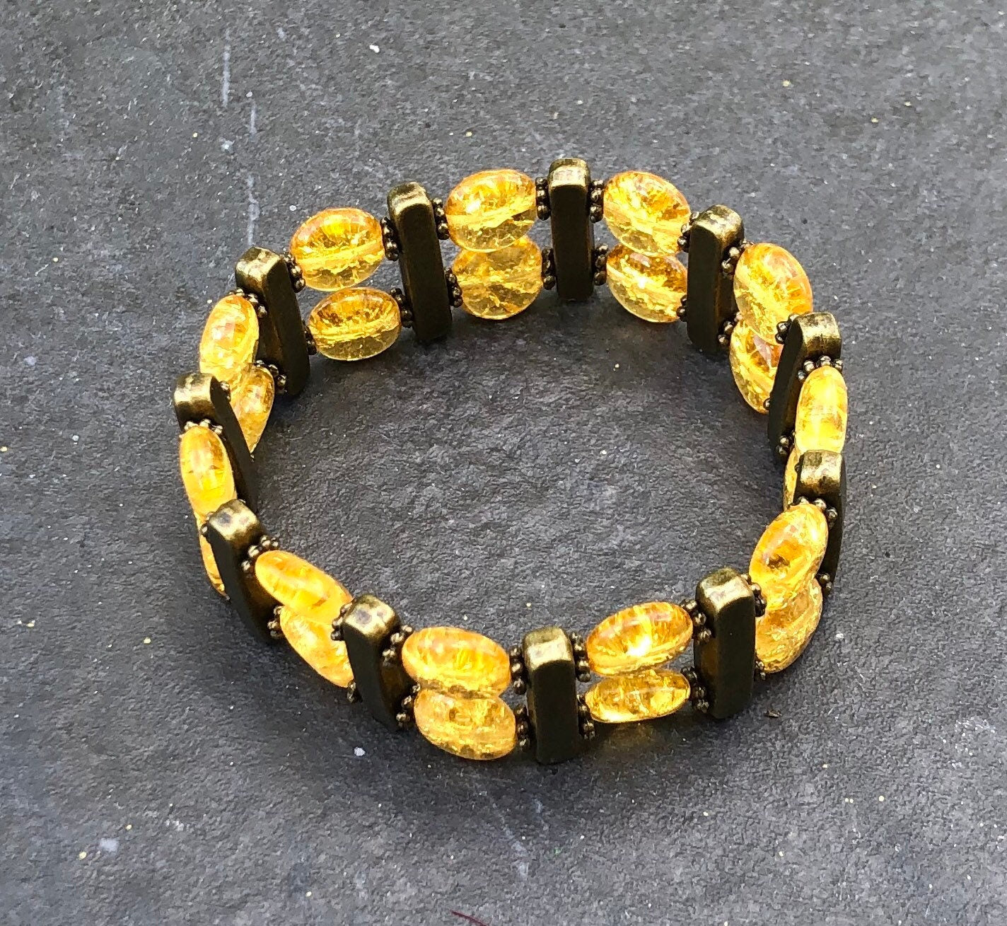 MossberryandStone Double Tier Beaded Bracelet Crackled Amber Resin Antique Brass