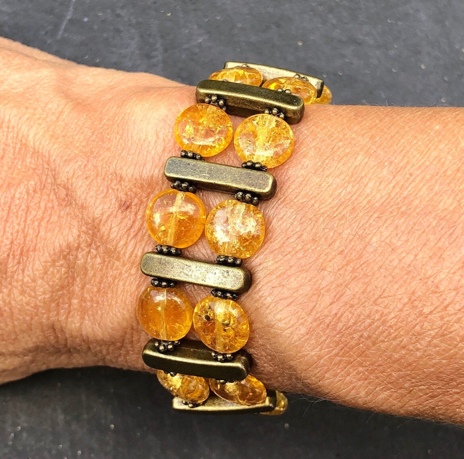 MossberryandStone Double Tier Beaded Bracelet Crackled Amber Resin Antique Brass