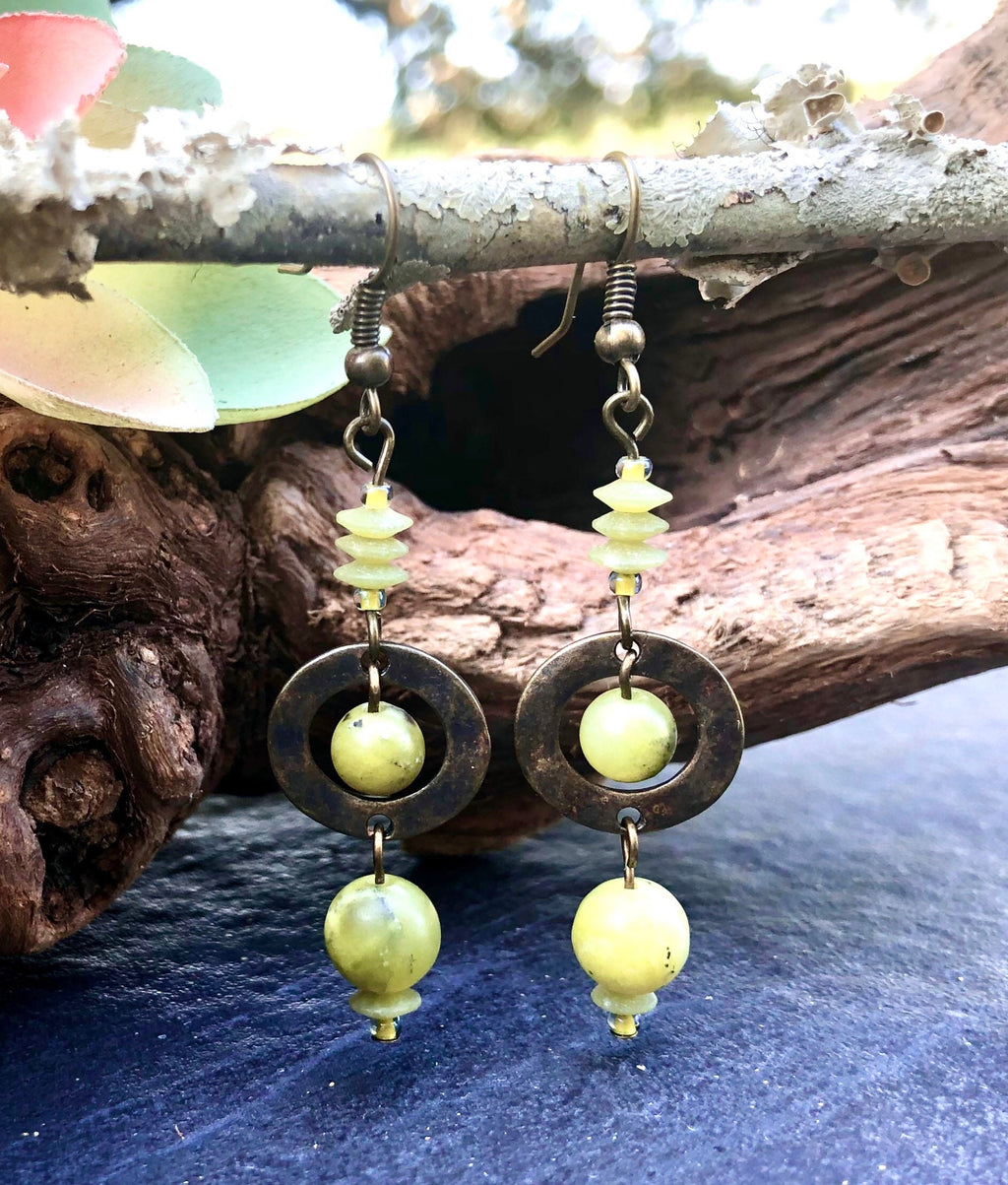 MossberryandStone Olive Jade Antique Bronze Boho Dangle Earrings