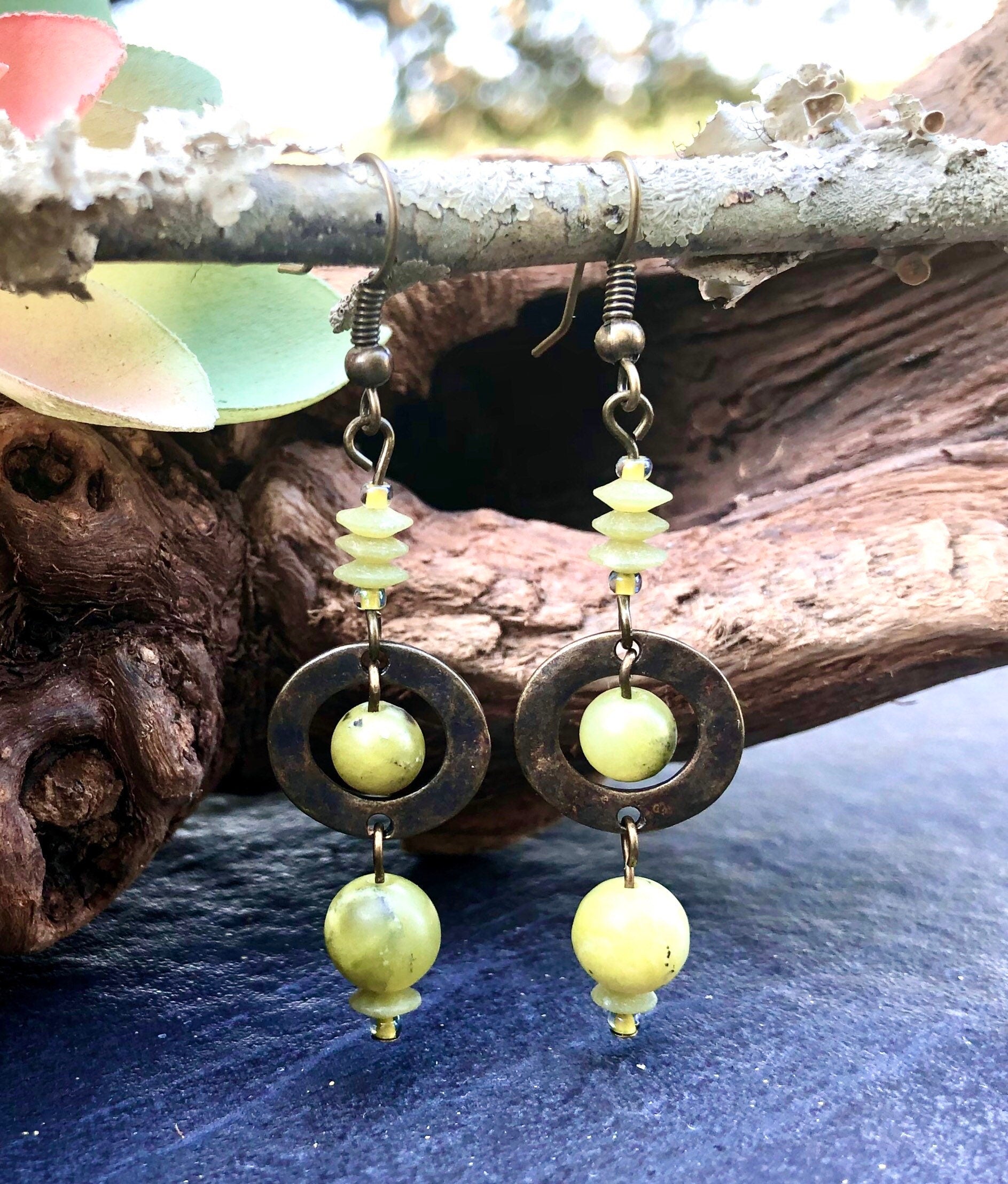 MossberryandStone Olive Jade Antique Bronze Boho Dangle Earrings