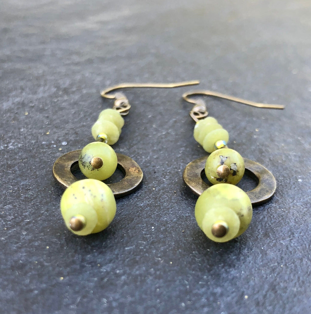 MossberryandStone Olive Jade Antique Bronze Boho Dangle Earrings