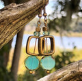 MossberryandStone Geometric Czech Glass Dangle Earrings Aqua Antique Bronze