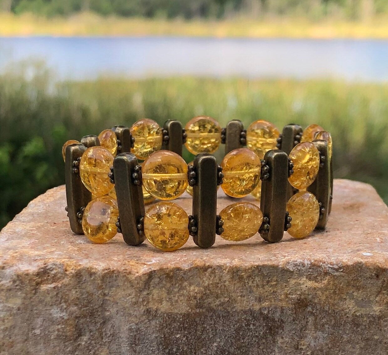 MossberryandStone Double Tier Beaded Bracelet Crackled Amber Resin Antique Brass