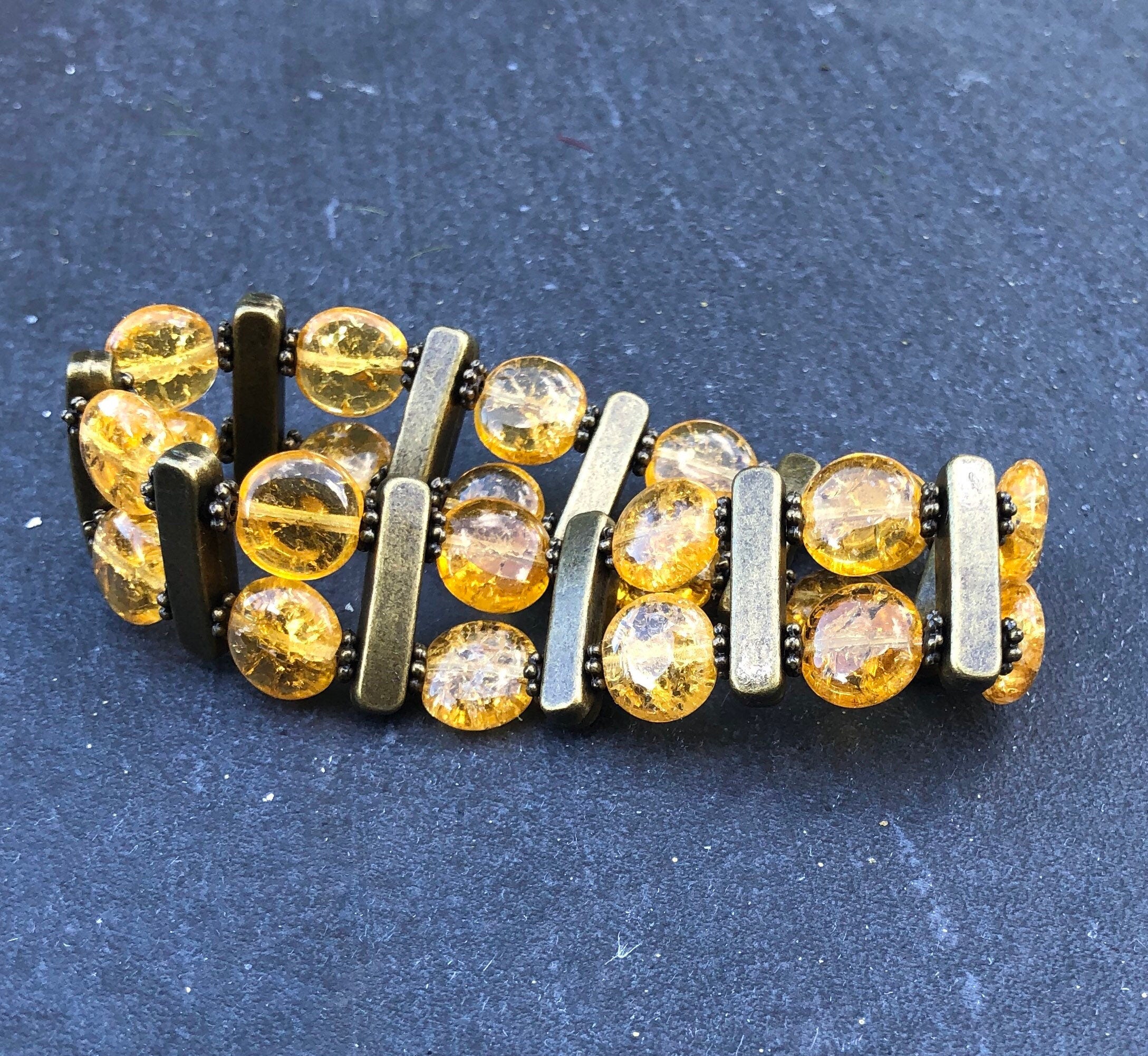 MossberryandStone Double Tier Beaded Bracelet Crackled Amber Resin Antique Brass