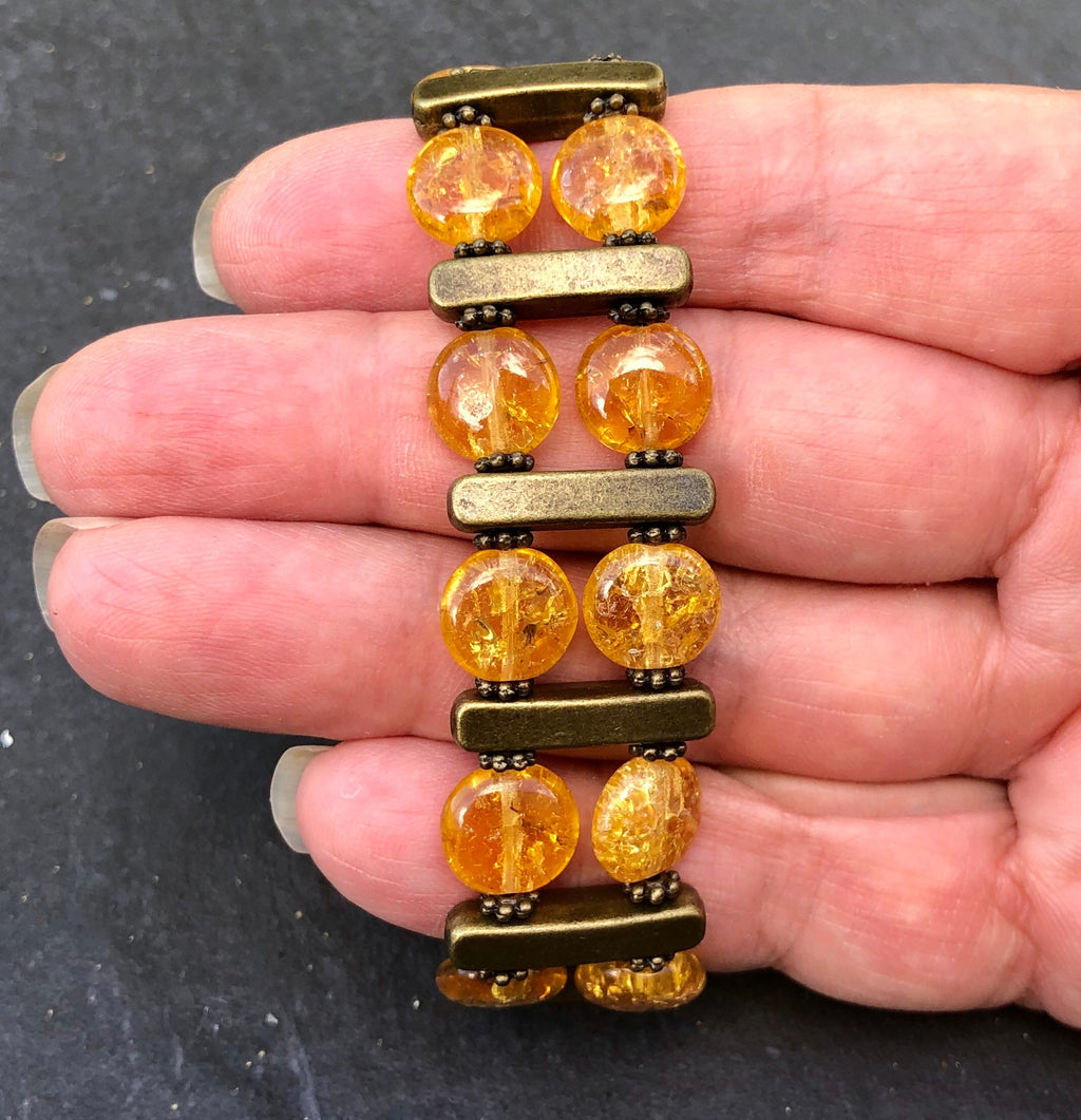MossberryandStone Double Tier Beaded Bracelet Crackled Amber Resin Antique Brass