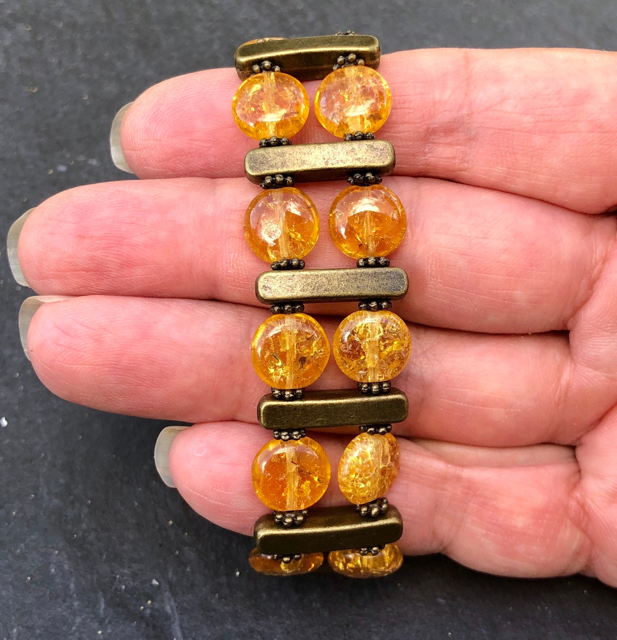 MossberryandStone Double Tier Beaded Bracelet Crackled Amber Resin Antique Brass