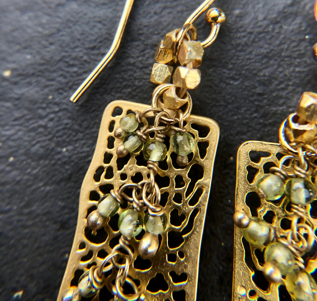 MossberryandStone Golden Filagreed Peridot Dangle Earrings 14K Gold Filled