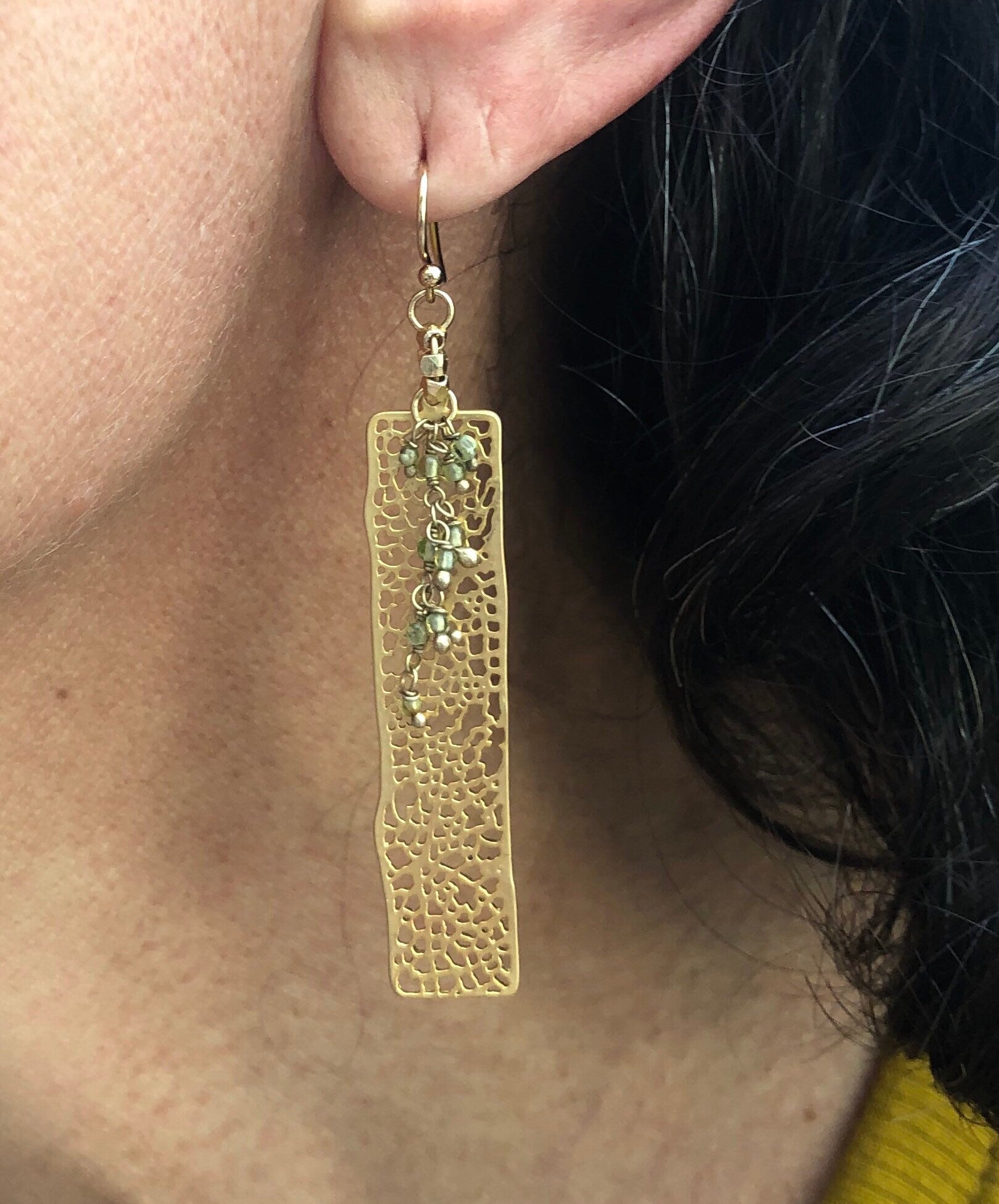 MossberryandStone Golden Filagreed Peridot Dangle Earrings 14K Gold Filled