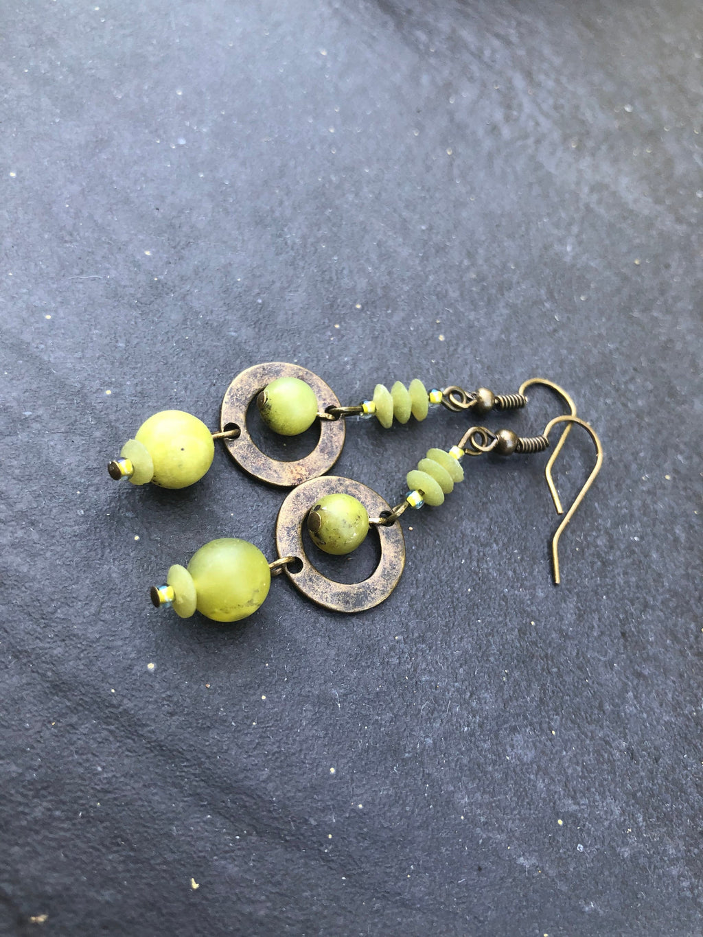 MossberryandStone Olive Jade Antique Bronze Boho Dangle Earrings
