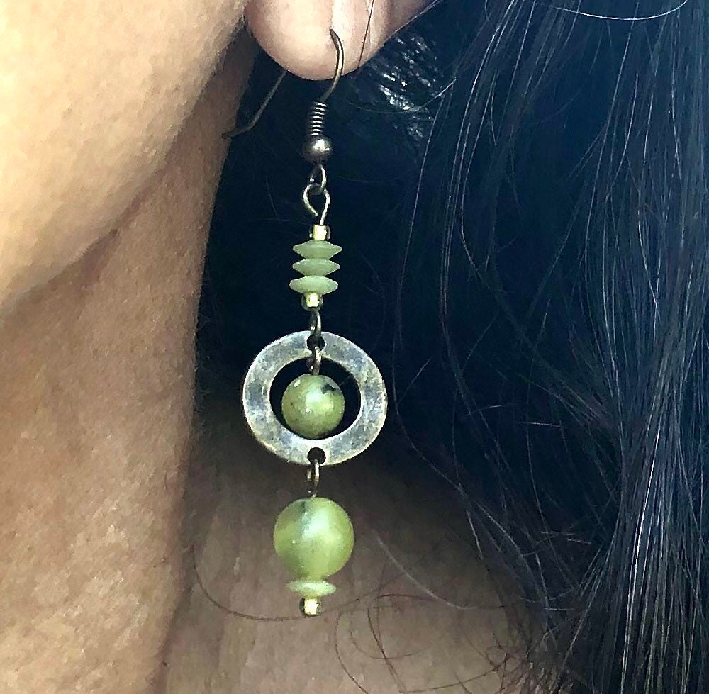 MossberryandStone Olive Jade Antique Bronze Boho Dangle Earrings