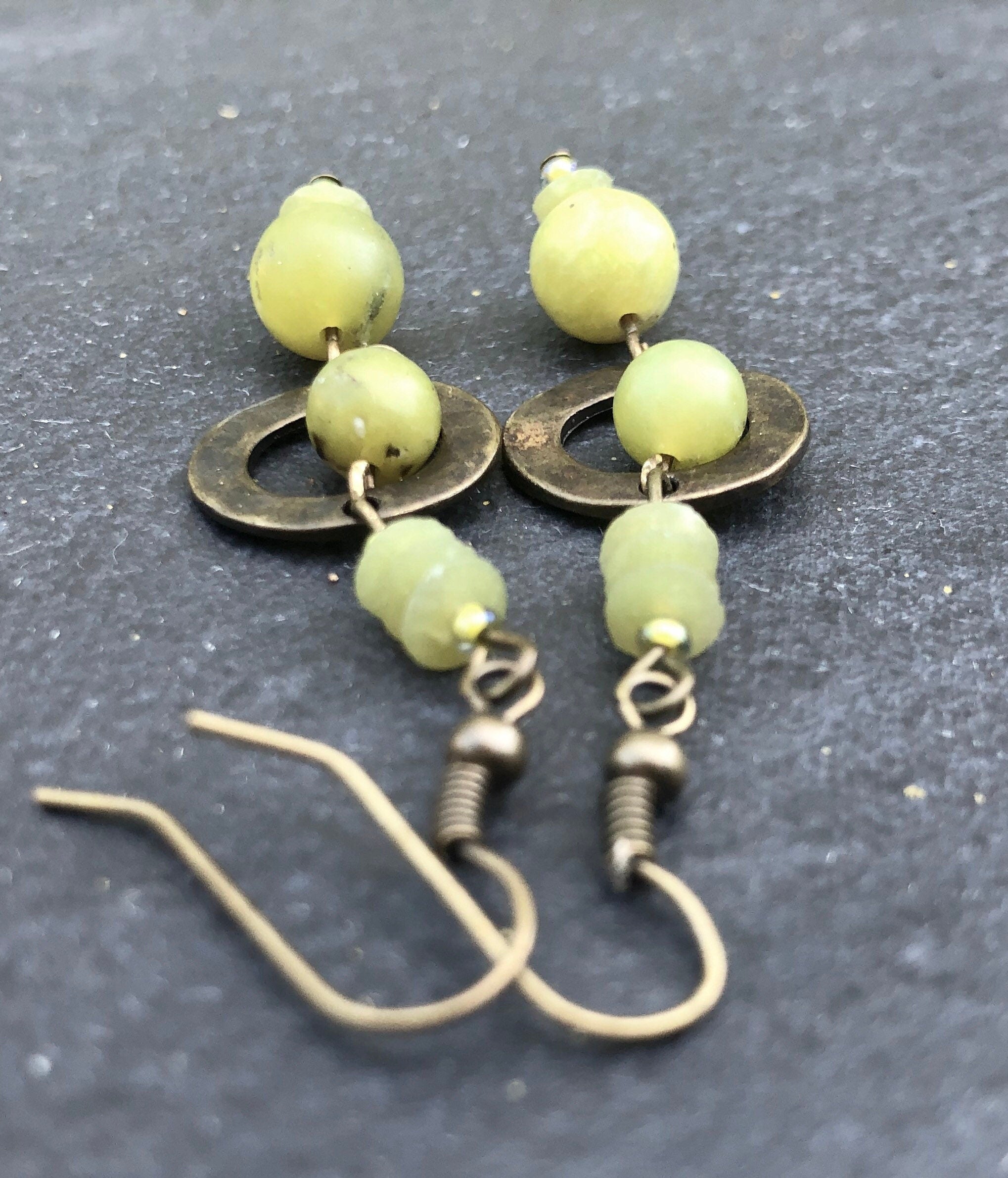 MossberryandStone Olive Jade Antique Bronze Boho Dangle Earrings
