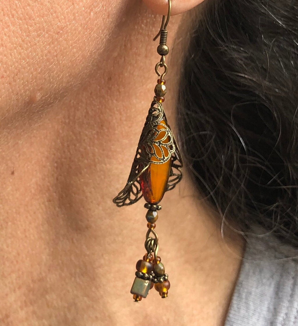 MossberryandStone Autumn Harvest Czech Glass Dangle Earrings Antique Bronze
