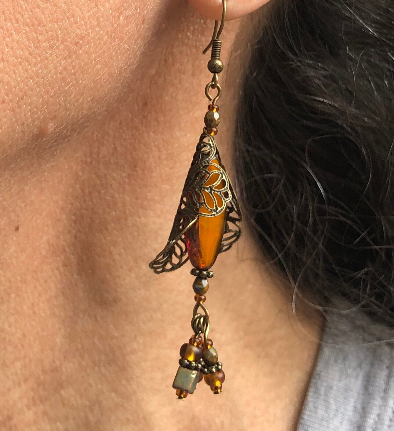 MossberryandStone Autumn Harvest Czech Glass Dangle Earrings Antique Bronze