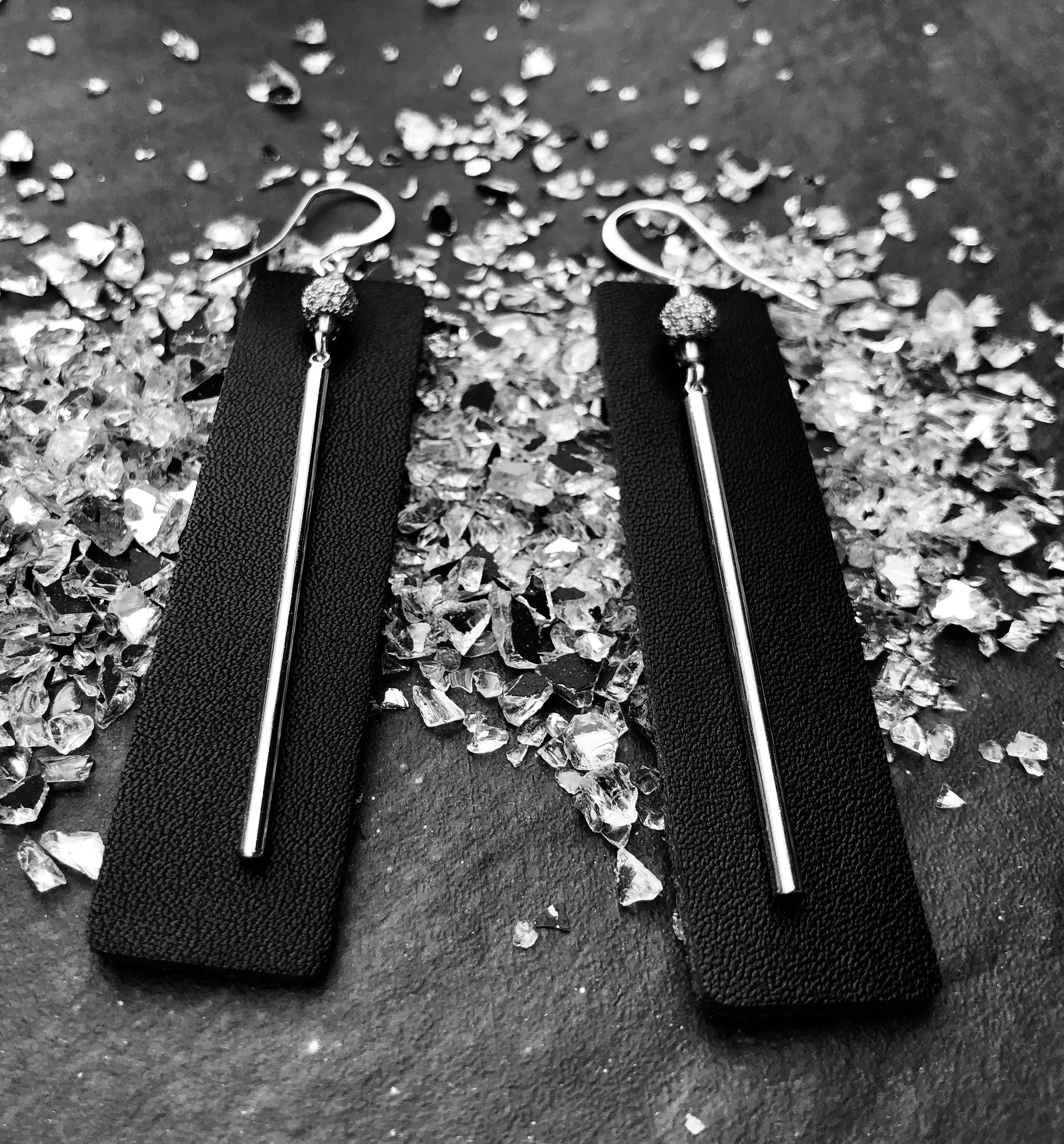 MossberryandStone Black Leather Dangle Earrings With CZ Pave Silver Bar