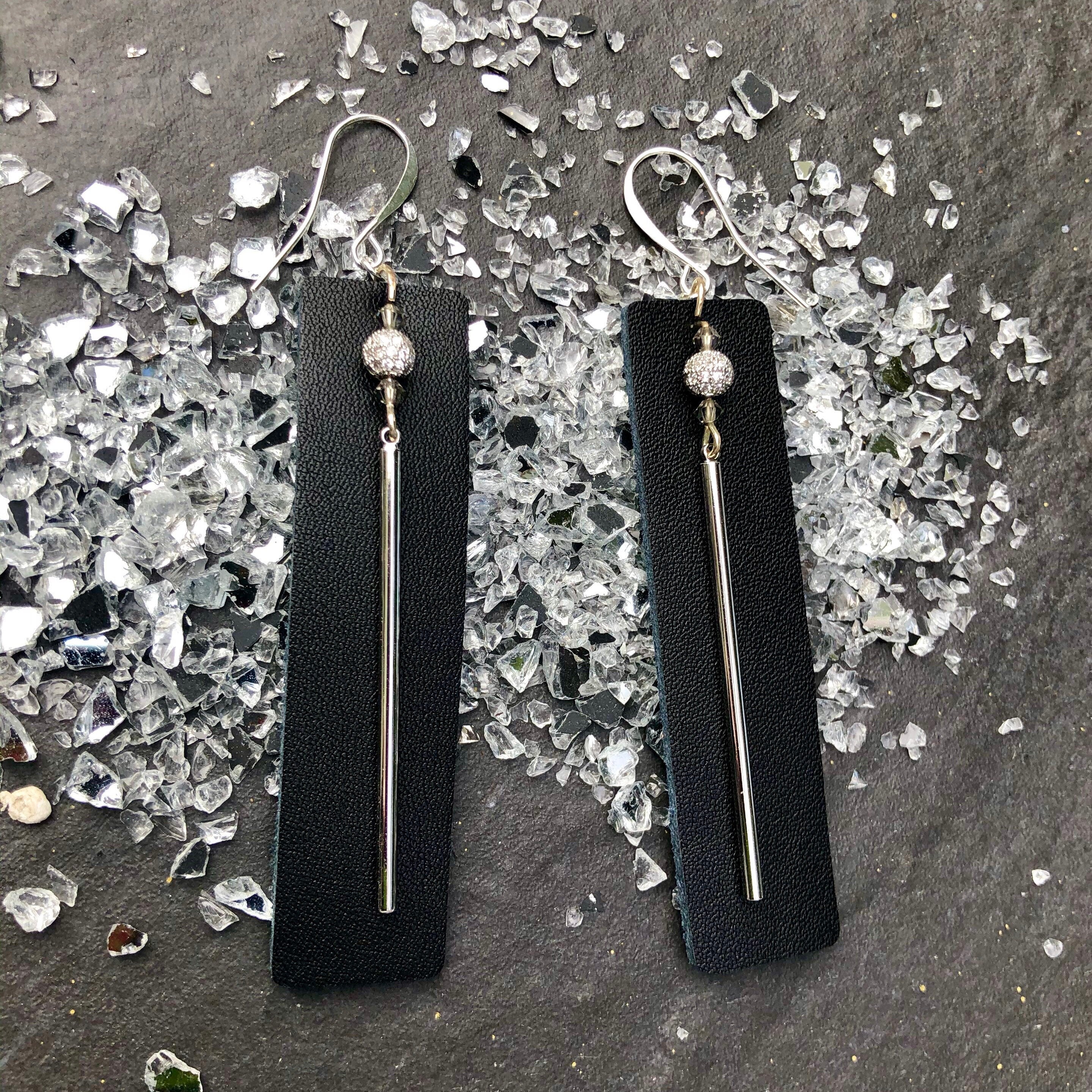 MossberryandStone Black Leather Dangle Earrings With CZ Pave Silver Bar