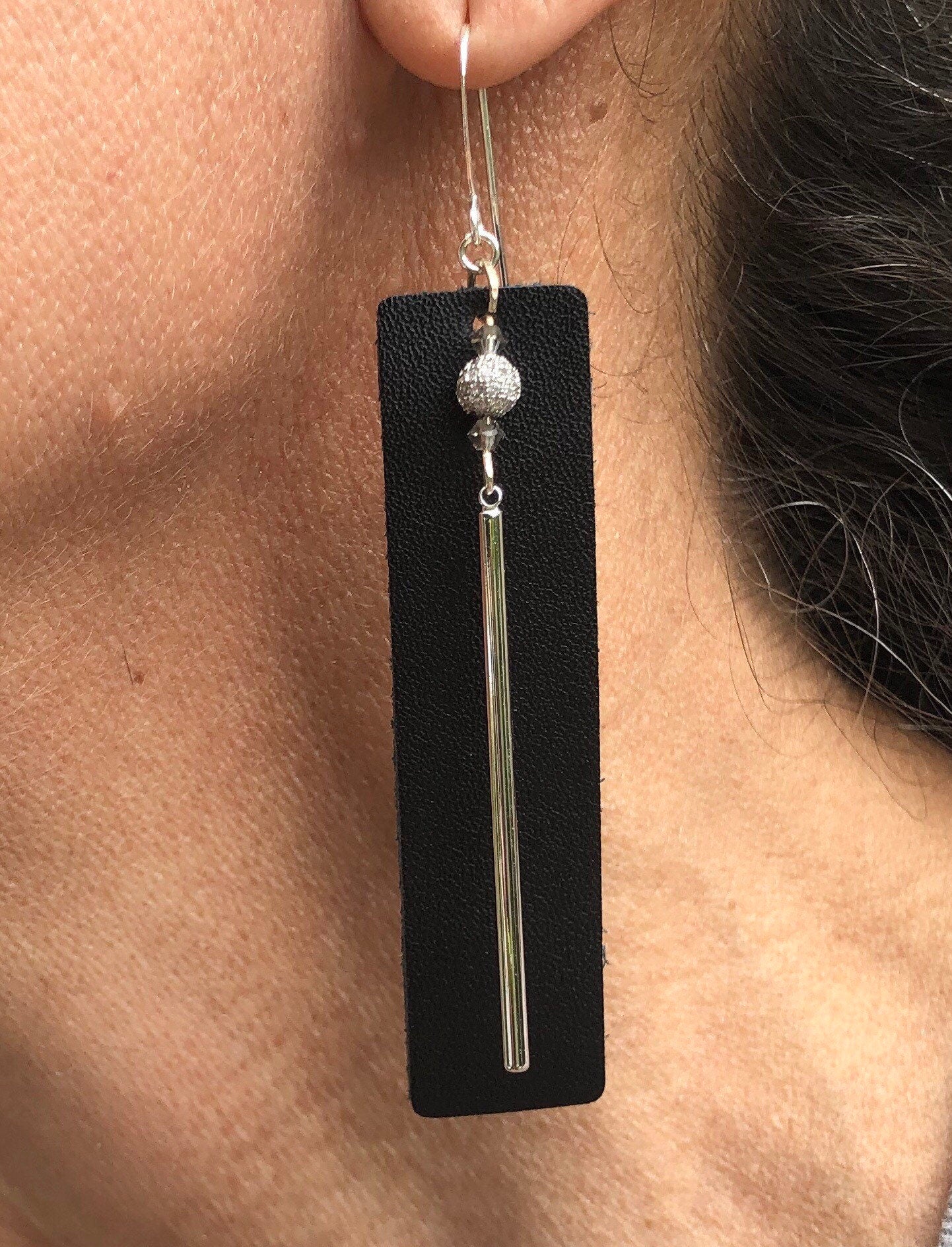 MossberryandStone Black Leather Dangle Earrings With CZ Pave Silver Bar