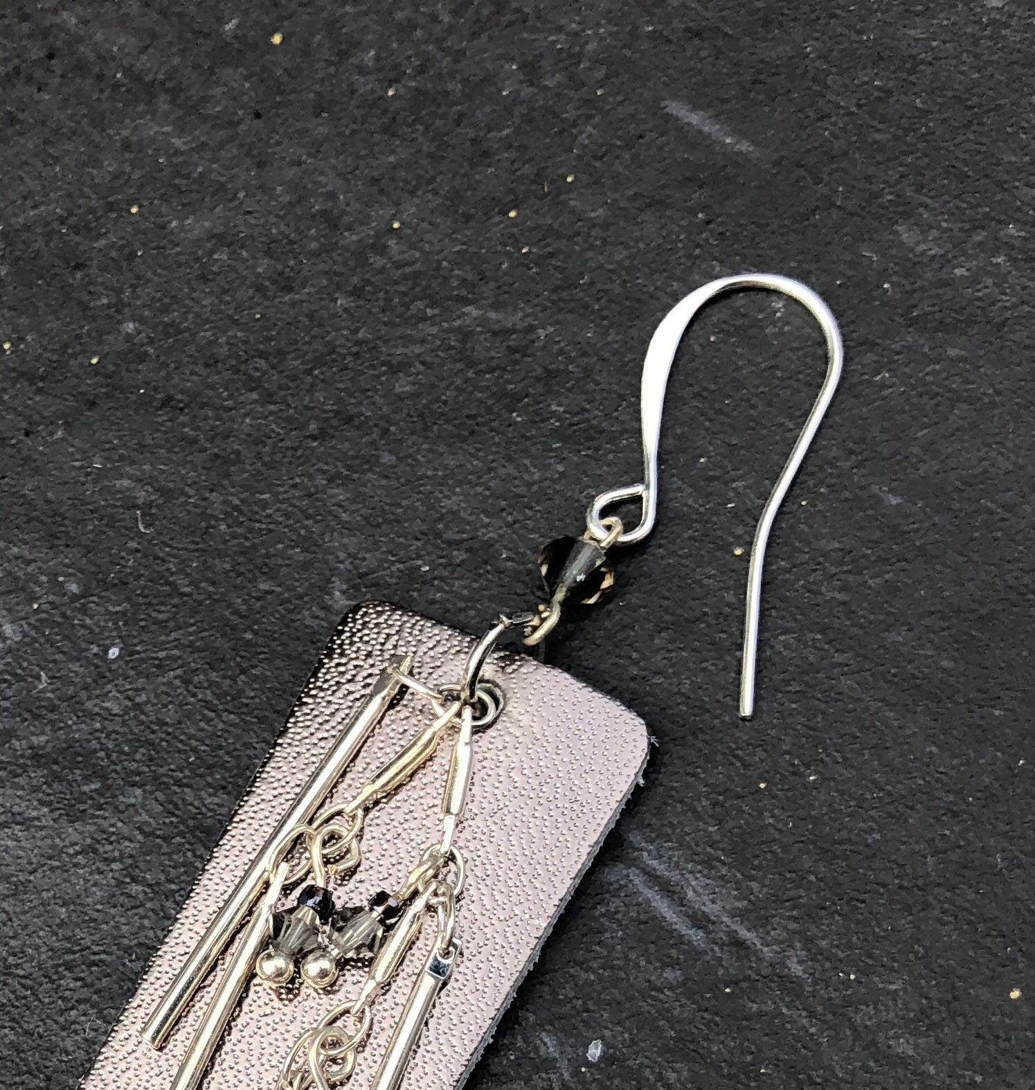 MossberryandStone Leather and Silver Dangle Earrings With Swarovski Crystal