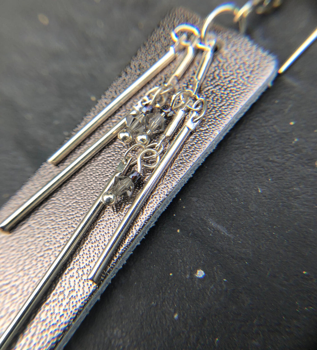 MossberryandStone Leather and Silver Dangle Earrings With Swarovski Crystal