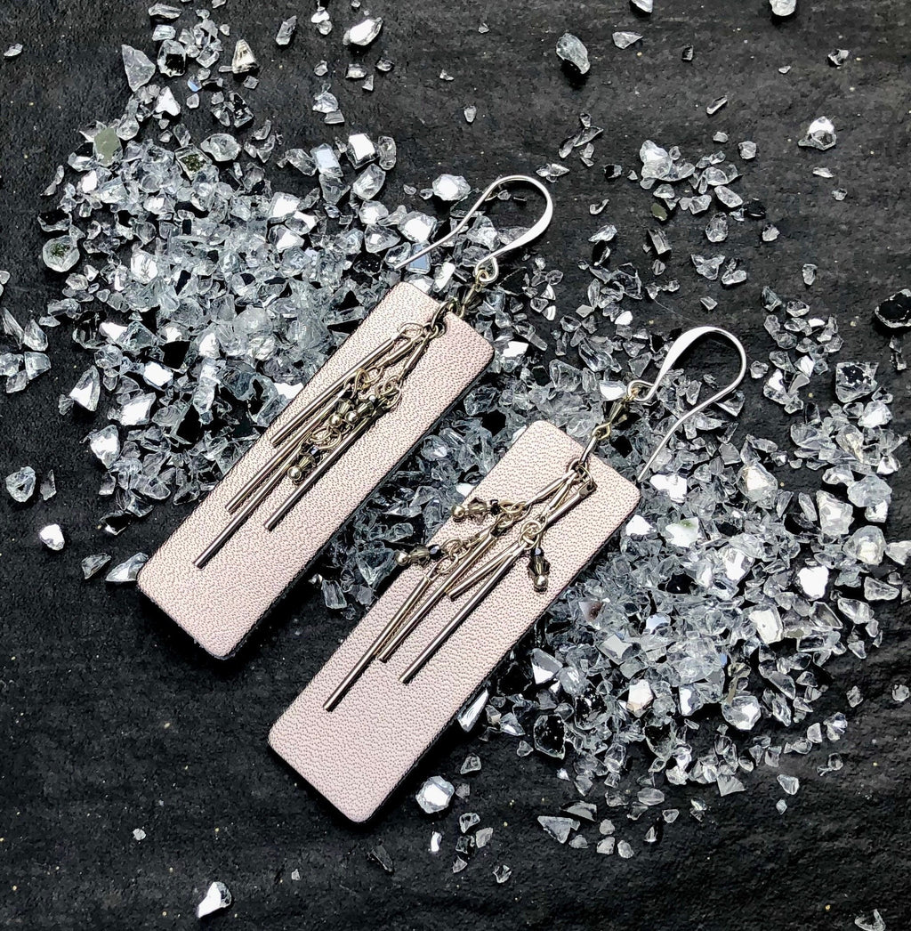 MossberryandStone Leather and Silver Dangle Earrings With Swarovski Crystal