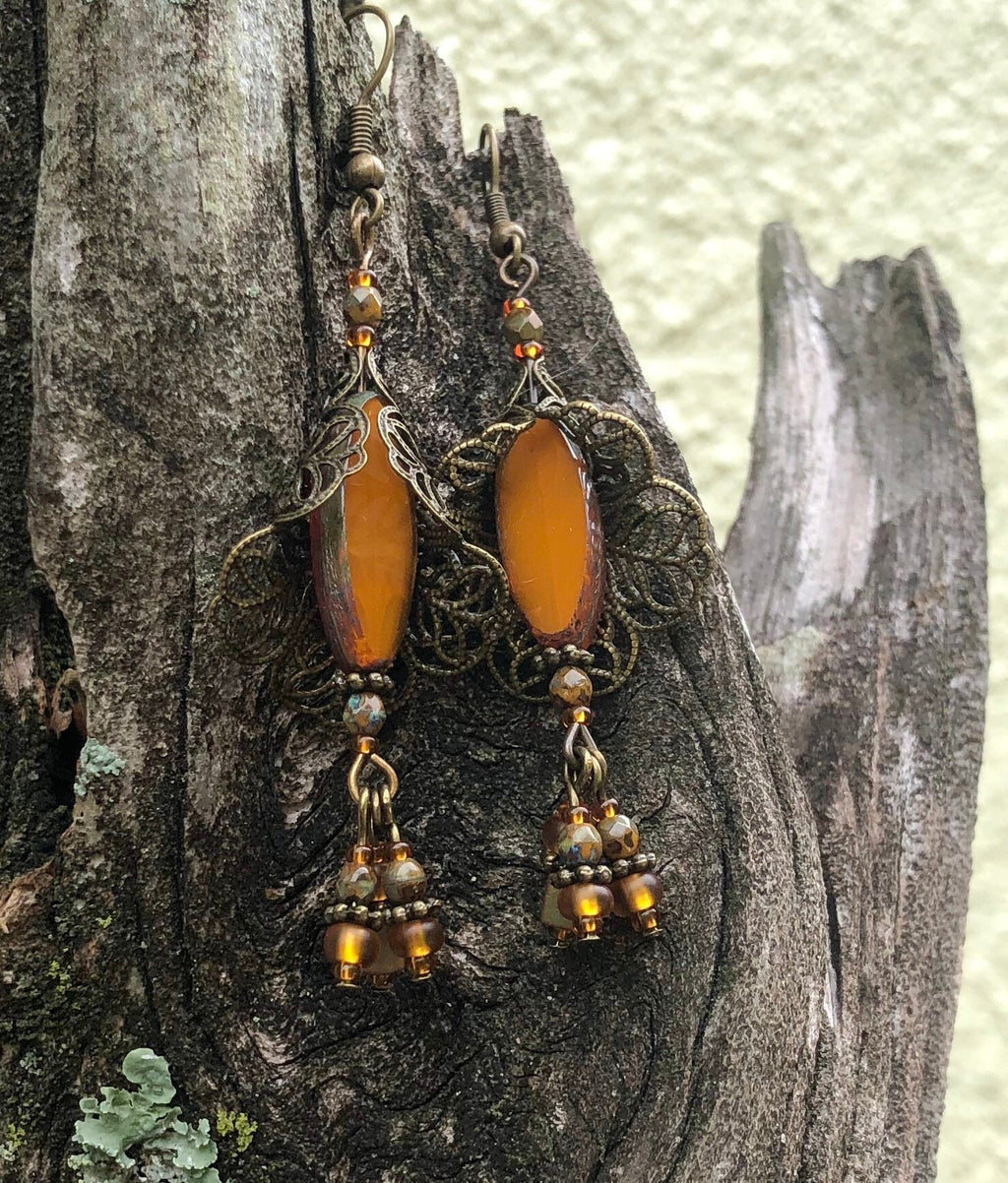MossberryandStone Autumn Harvest Czech Glass Dangle Earrings Antique Bronze