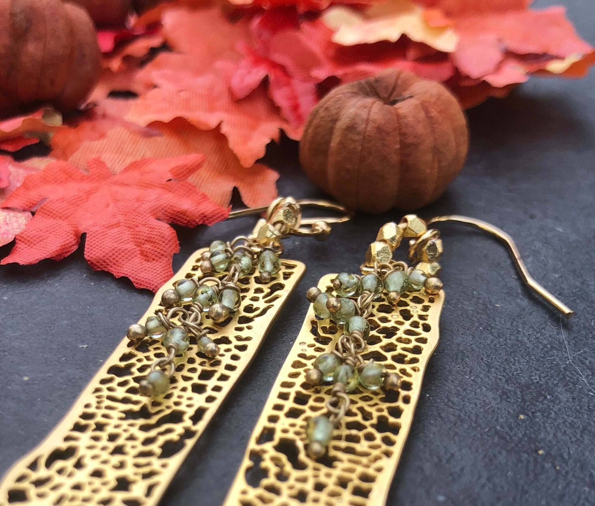 MossberryandStone Golden Filagreed Peridot Dangle Earrings 14K Gold Filled