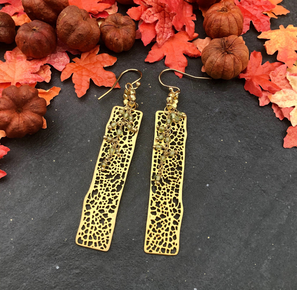 MossberryandStone Golden Filagreed Peridot Dangle Earrings 14K Gold Filled
