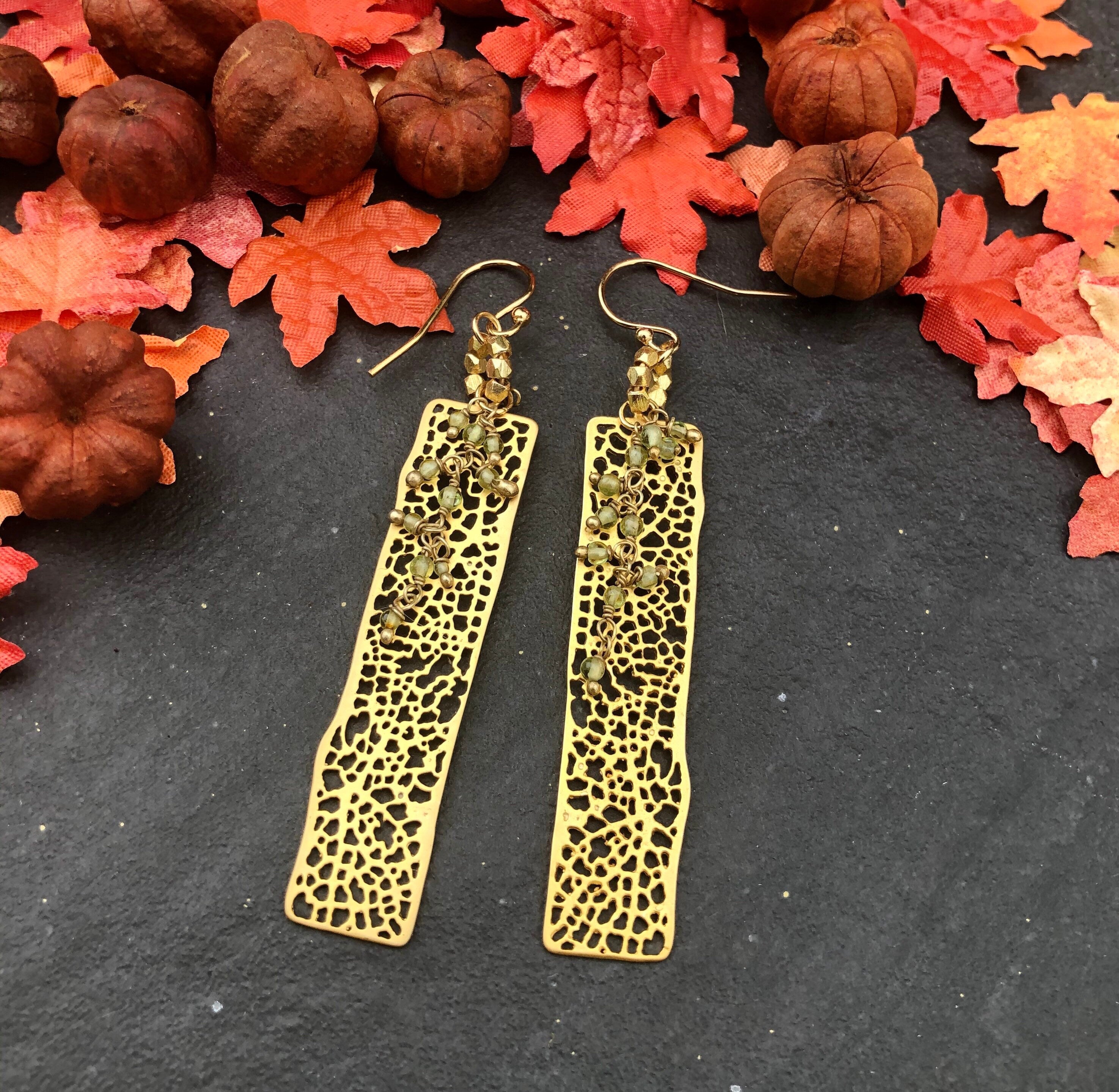 MossberryandStone Golden Filagreed Peridot Dangle Earrings 14K Gold Filled