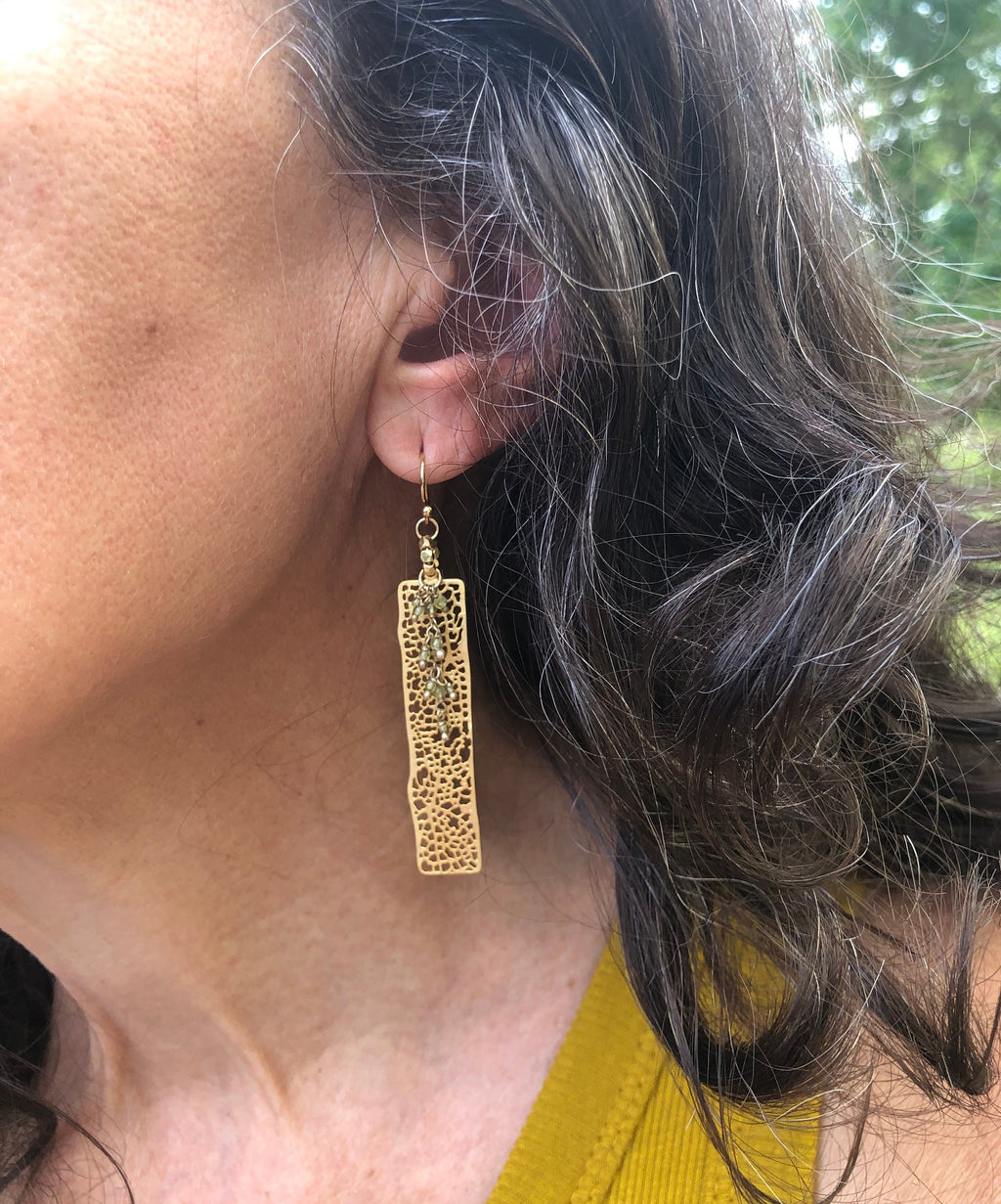 MossberryandStone Golden Filagreed Peridot Dangle Earrings 14K Gold Filled