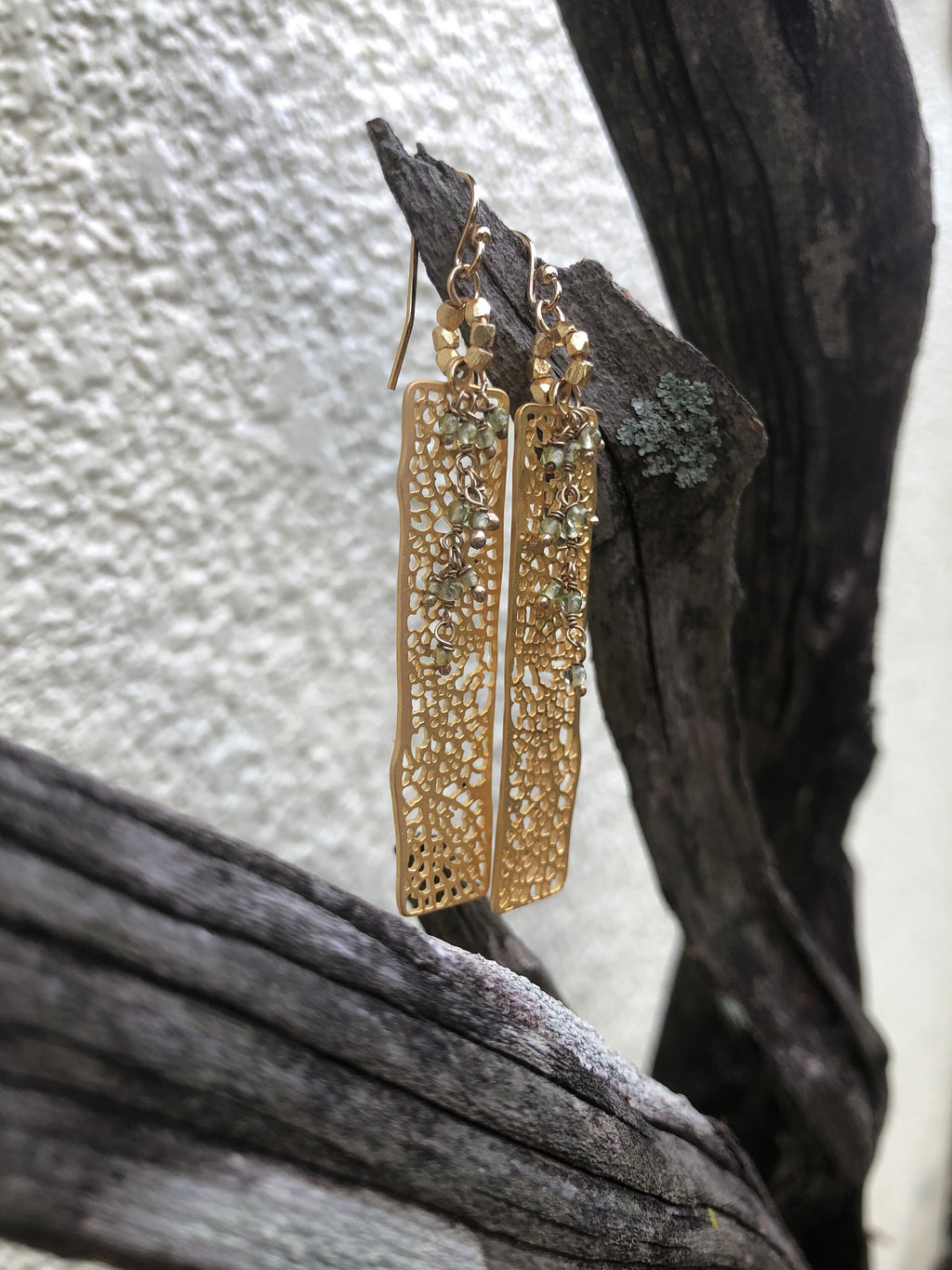 MossberryandStone Golden Filagreed Peridot Dangle Earrings 14K Gold Filled
