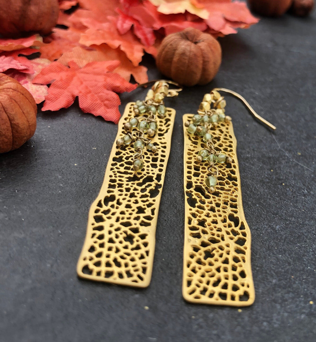 MossberryandStone Golden Filagreed Peridot Dangle Earrings 14K Gold Filled