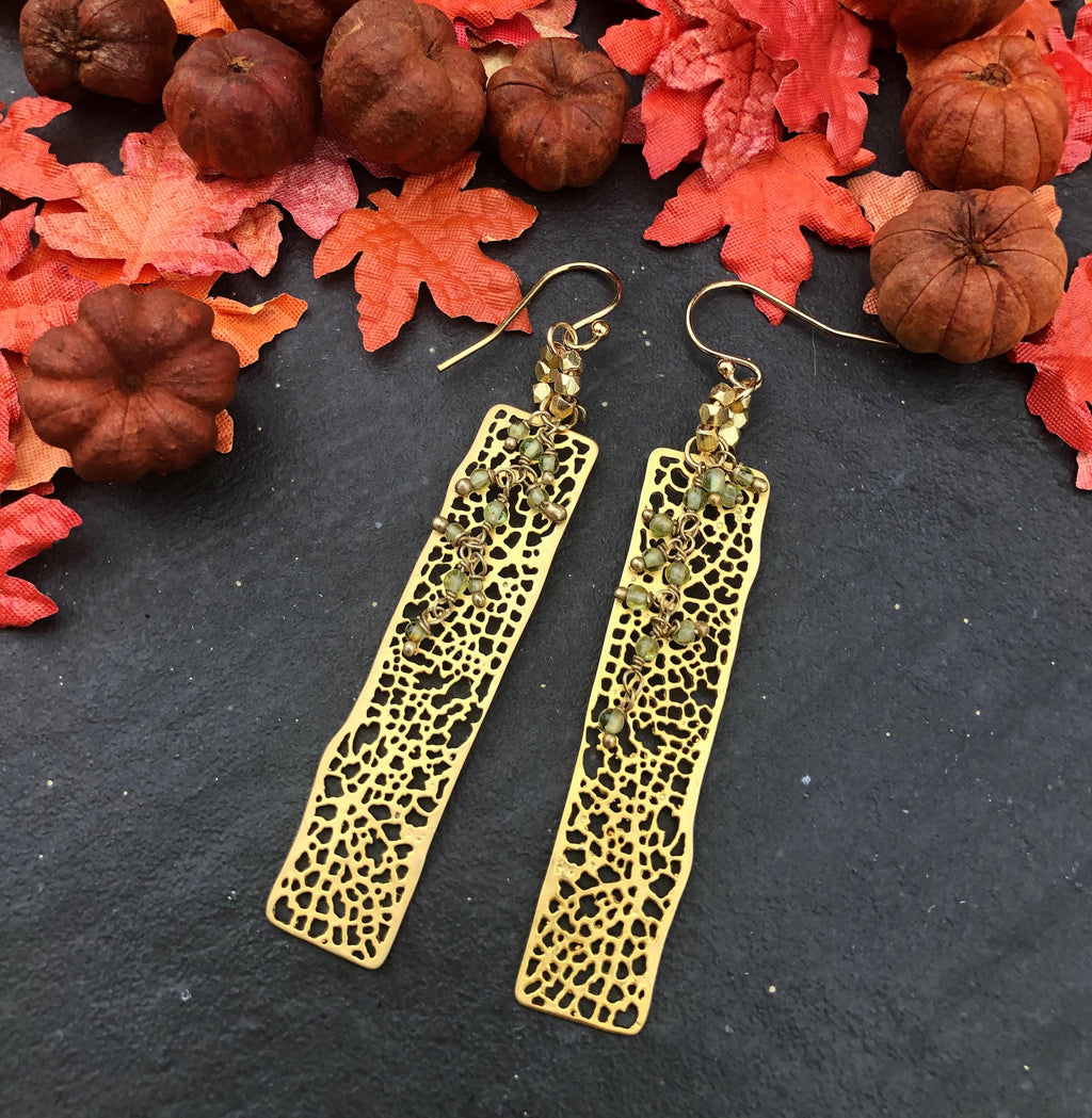 MossberryandStone Golden Filagreed Peridot Dangle Earrings 14K Gold Filled