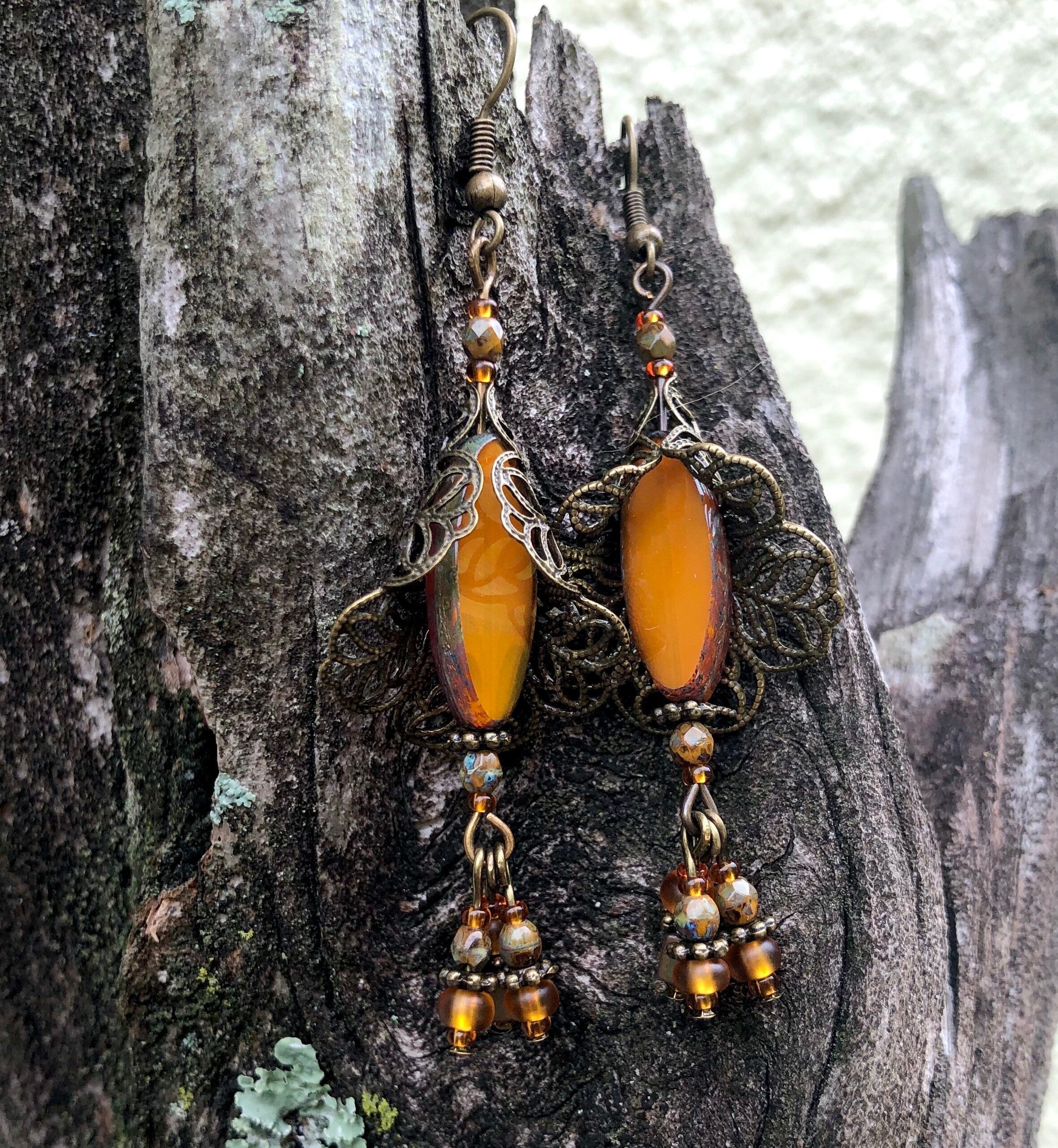 MossberryandStone Autumn Harvest Czech Glass Dangle Earrings Antique Bronze