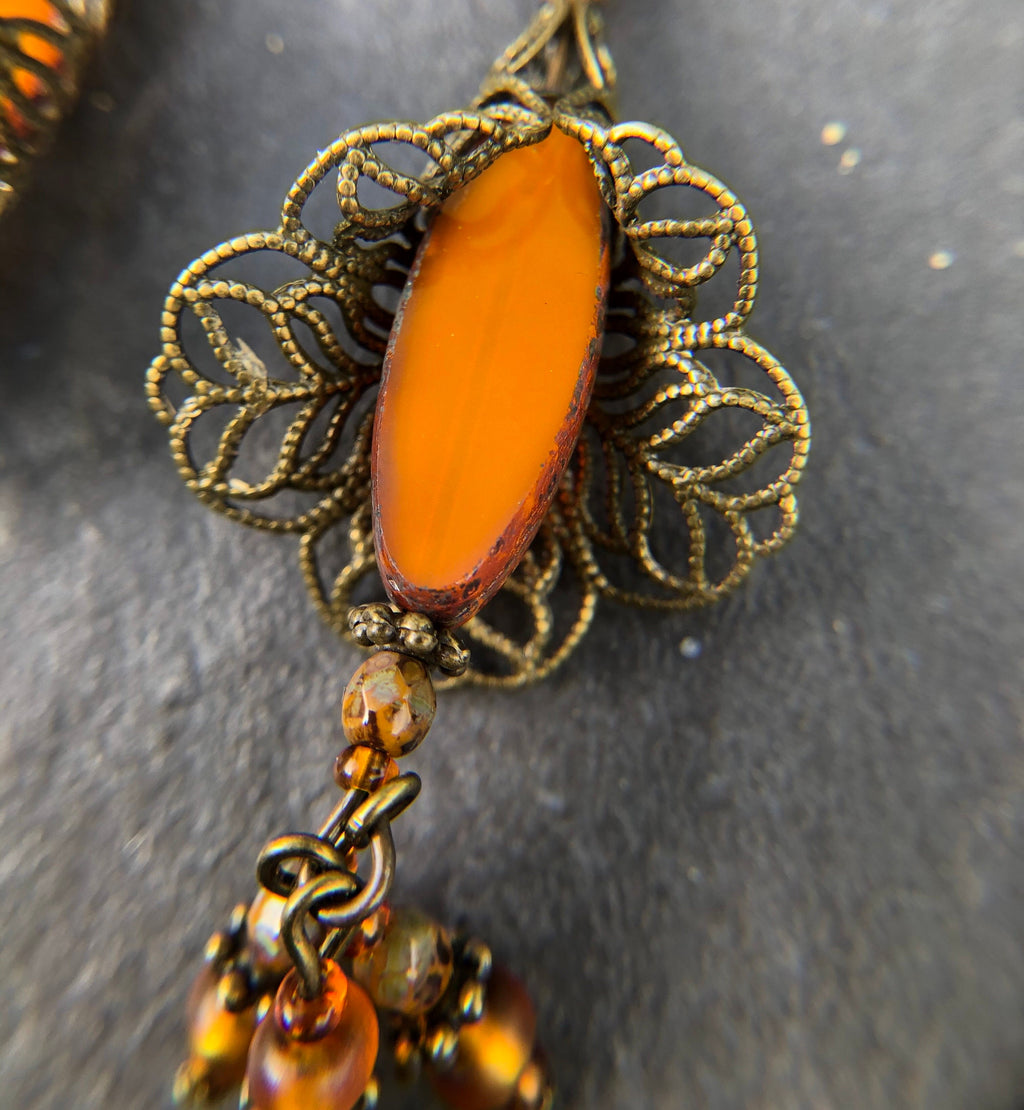 MossberryandStone Autumn Harvest Czech Glass Dangle Earrings Antique Bronze
