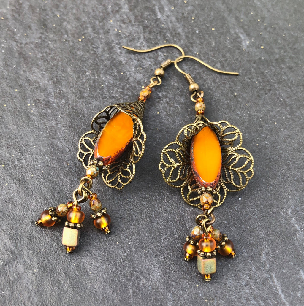 MossberryandStone Autumn Harvest Czech Glass Dangle Earrings Antique Bronze