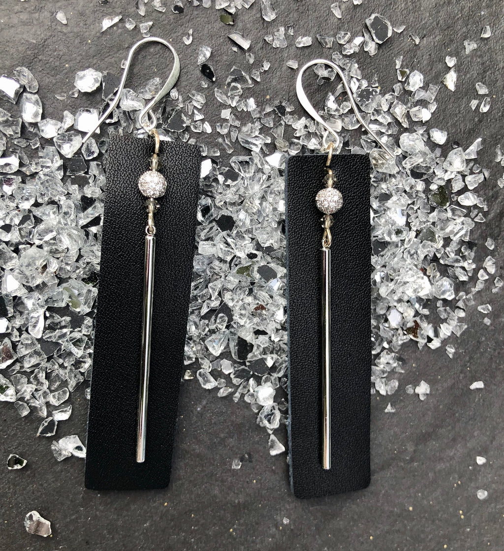MossberryandStone Black Leather Dangle Earrings With CZ Pave Silver Bar