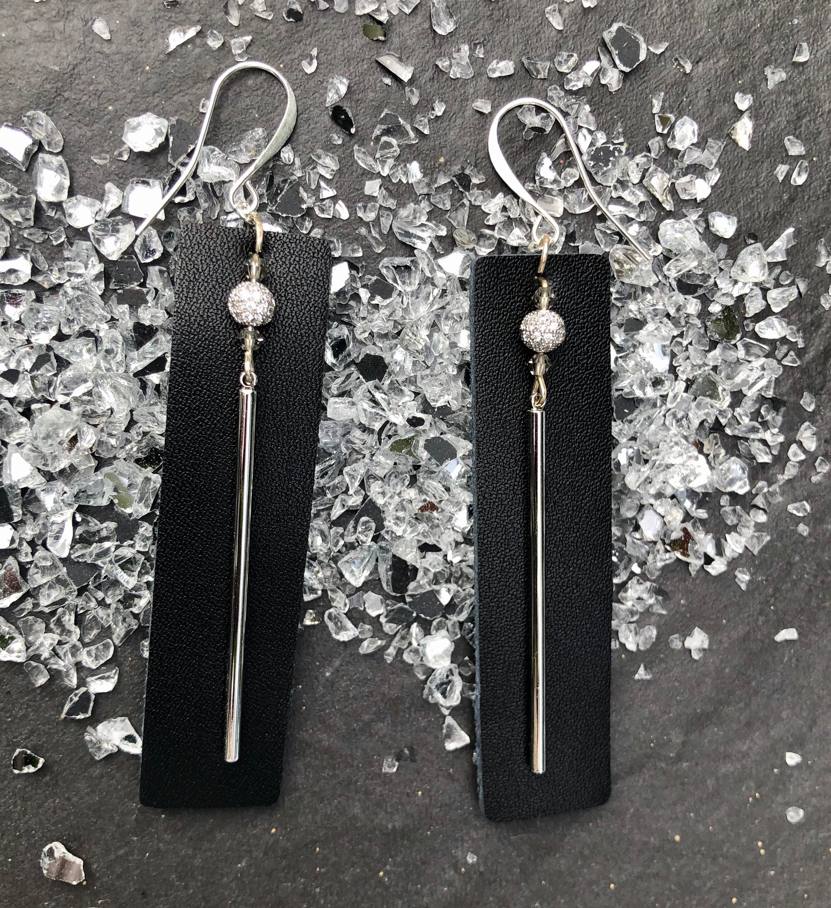 MossberryandStone Black Leather Dangle Earrings With CZ Pave Silver Bar