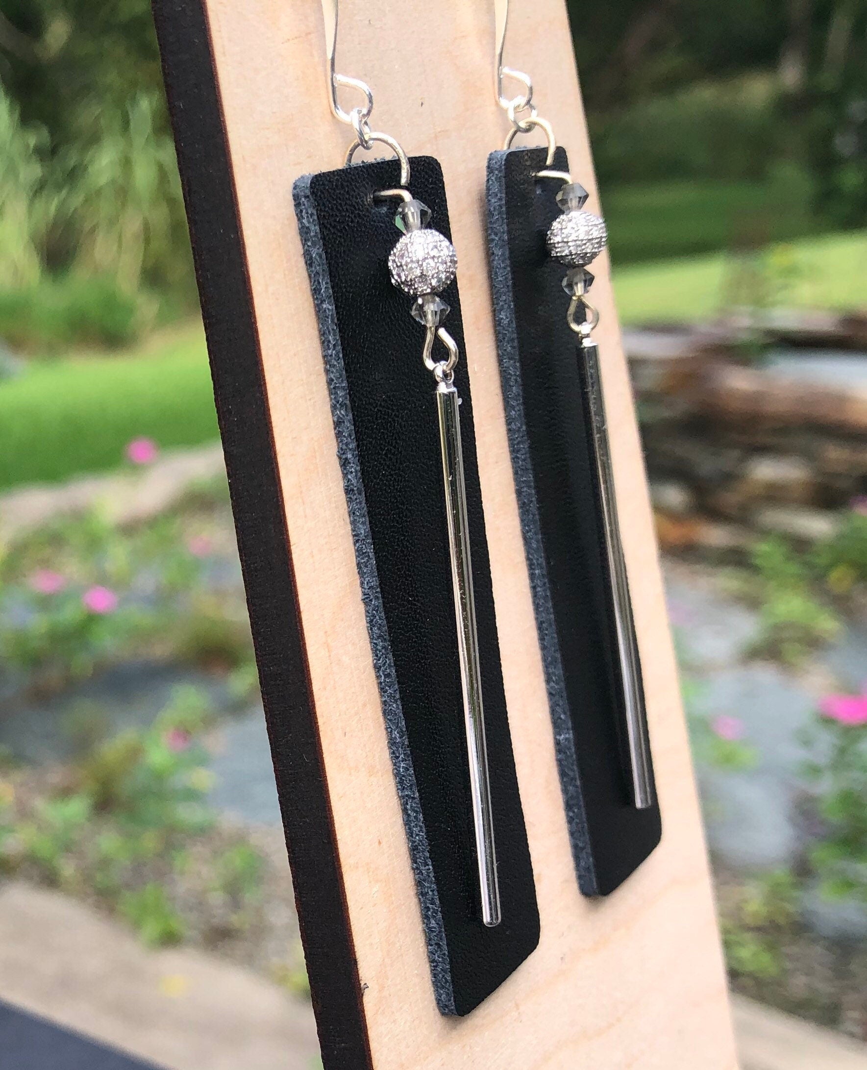 MossberryandStone Black Leather Dangle Earrings With CZ Pave Silver Bar