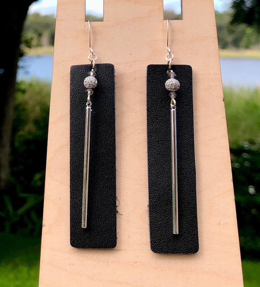 MossberryandStone Black Leather Dangle Earrings With CZ Pave Silver Bar