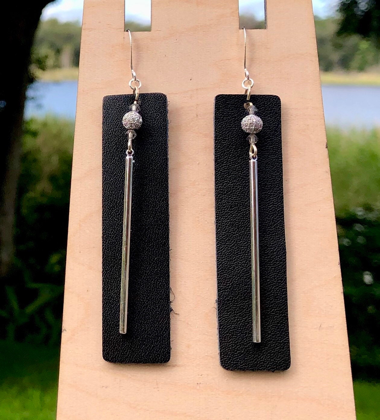 MossberryandStone Black Leather Dangle Earrings With CZ Pave Silver Bar