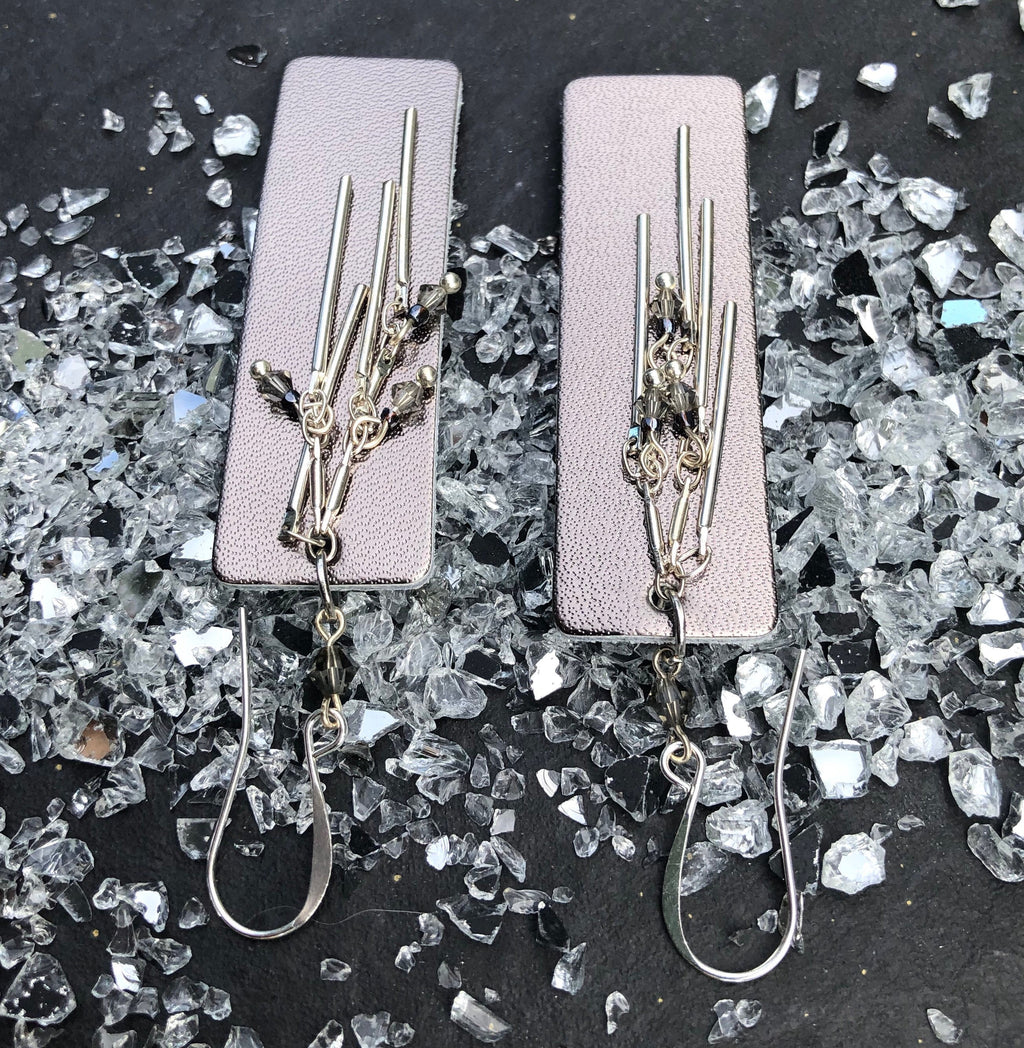 MossberryandStone Leather and Silver Dangle Earrings With Swarovski Crystal