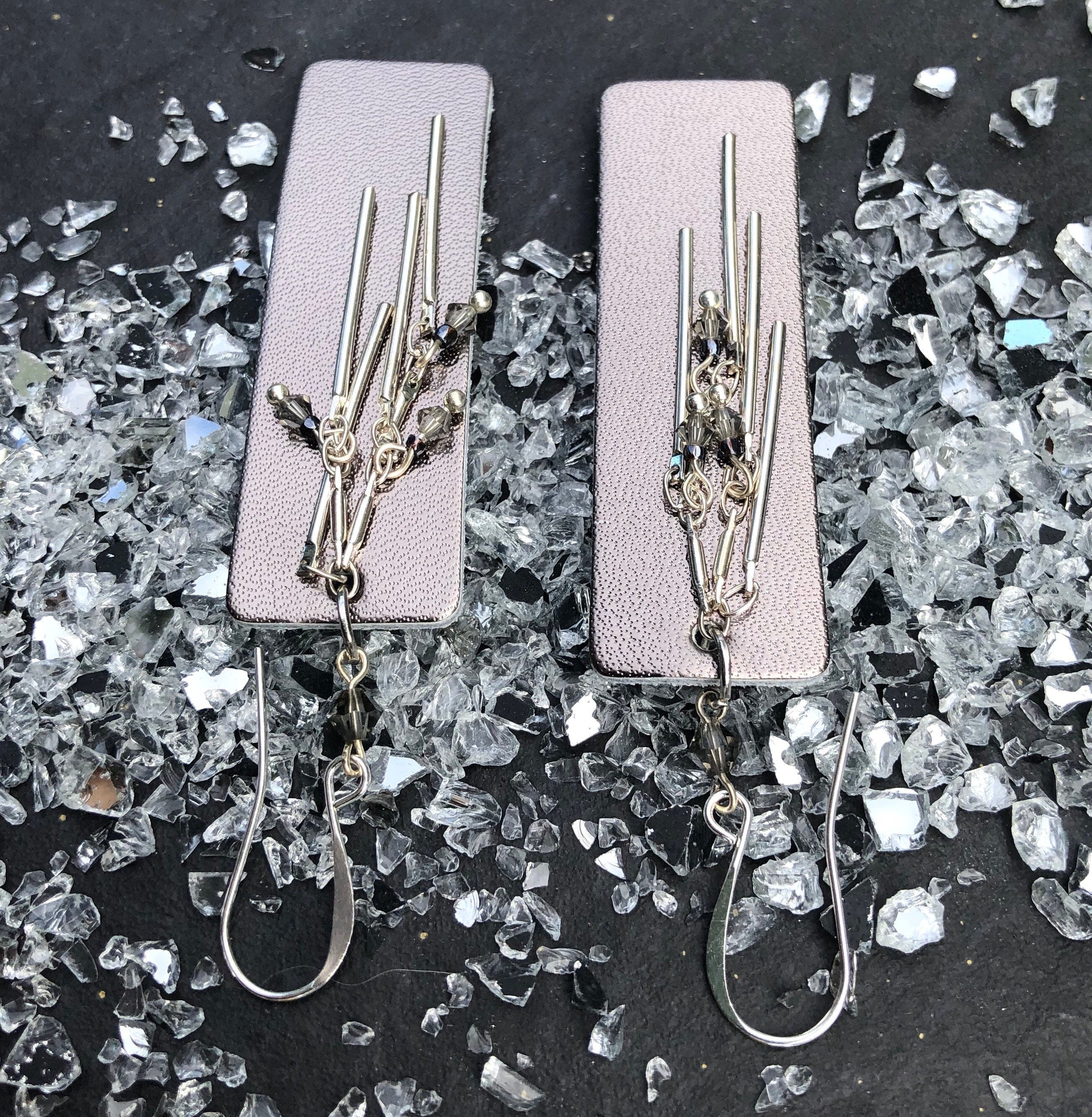MossberryandStone Leather and Silver Dangle Earrings With Swarovski Crystal
