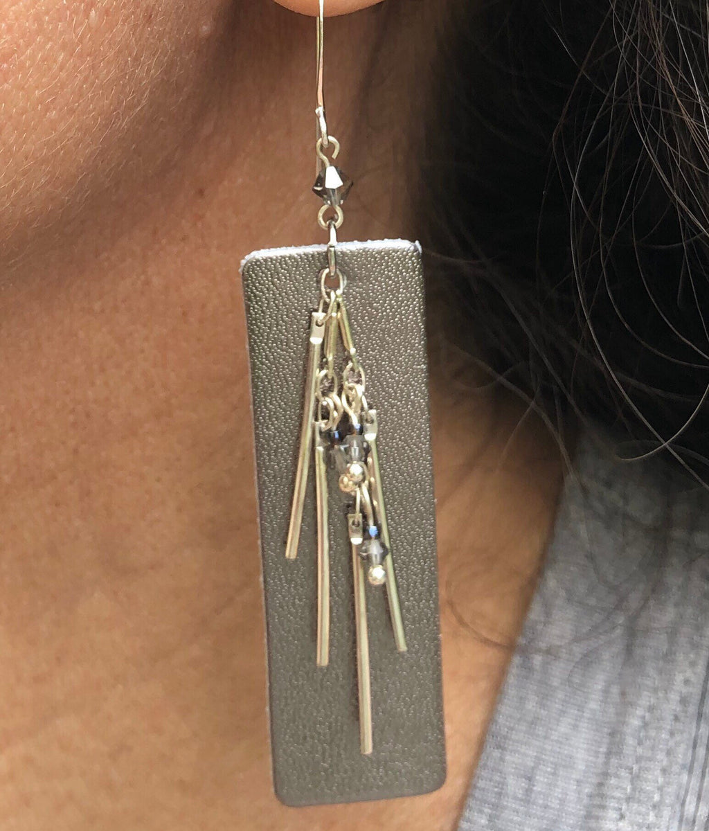 MossberryandStone Leather and Silver Dangle Earrings With Swarovski Crystal
