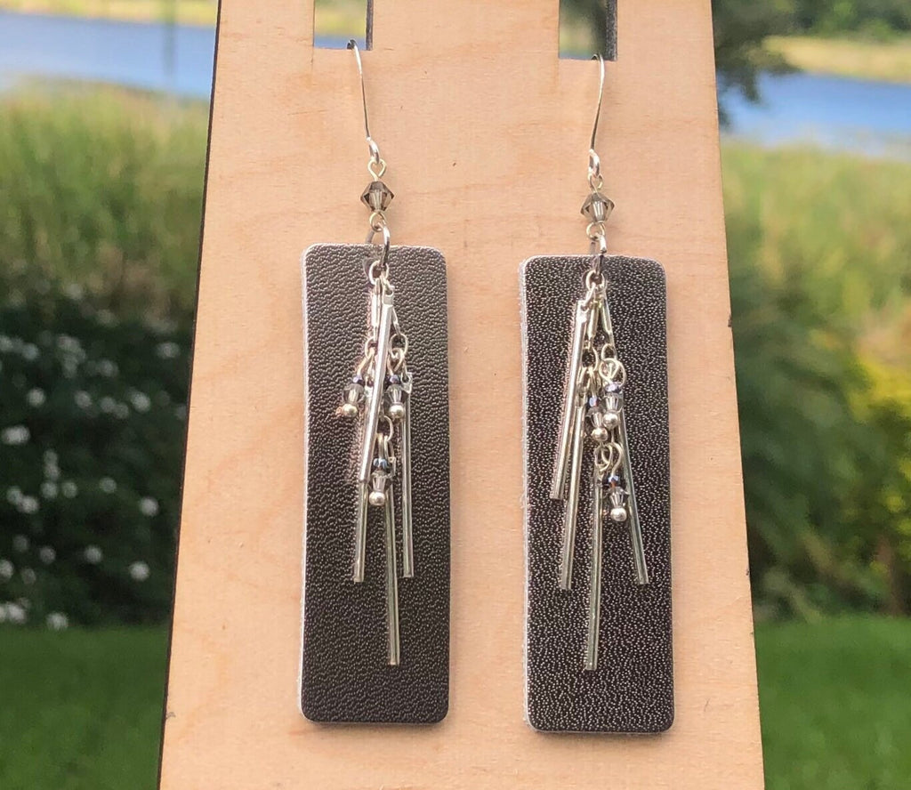 MossberryandStone Leather and Silver Dangle Earrings With Swarovski Crystal