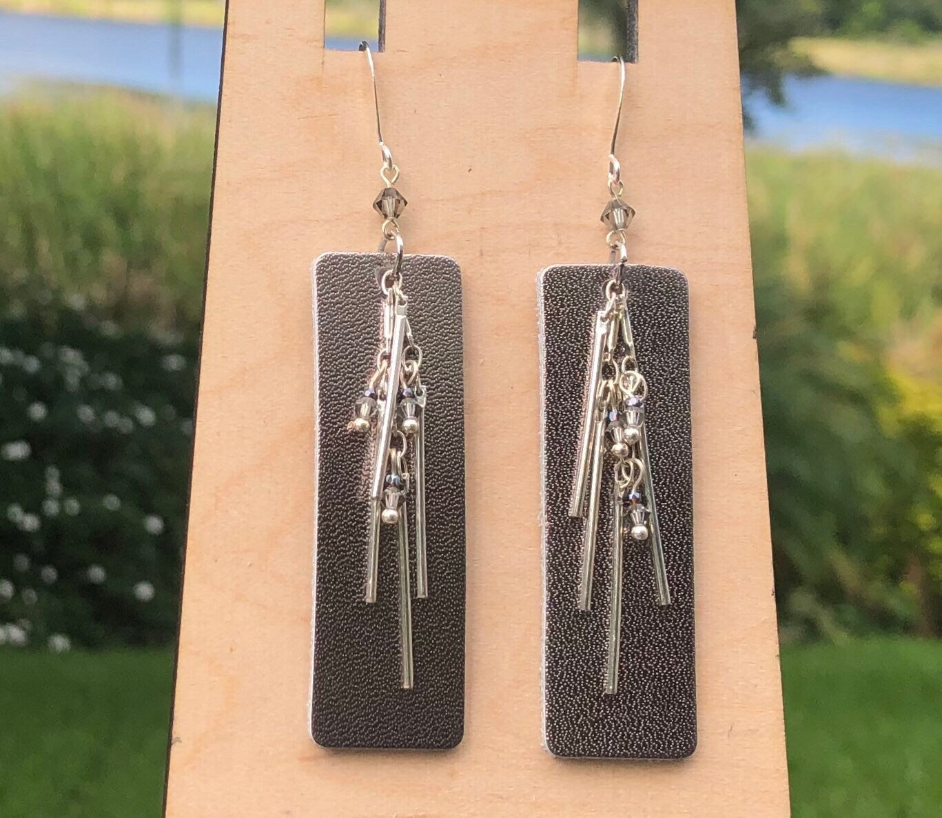 MossberryandStone Leather and Silver Dangle Earrings With Swarovski Crystal