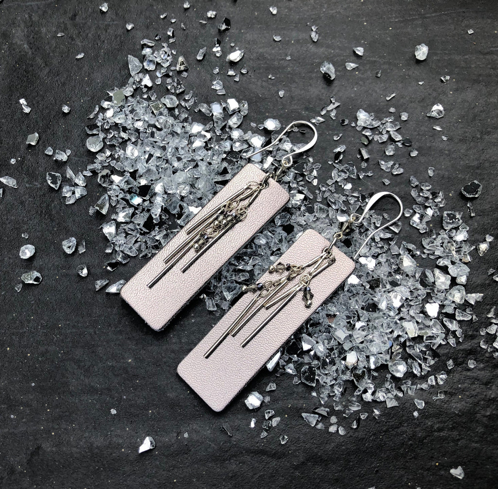MossberryandStone Leather and Silver Dangle Earrings With Swarovski Crystal