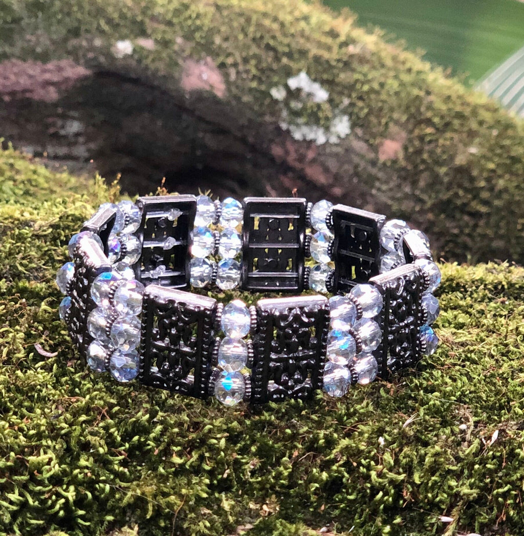 MossberryandStone Crystal Cuff Bracelet Triple Strand Beaded Stretch Gunmetal
