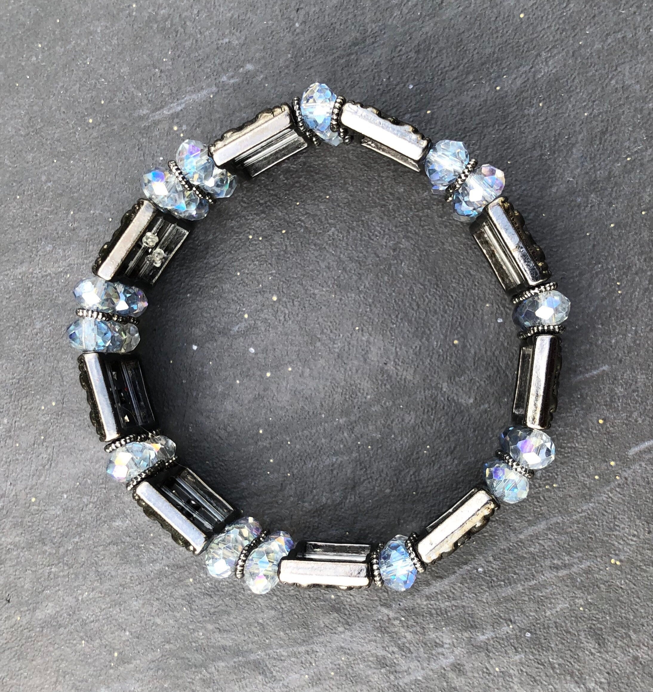 MossberryandStone Crystal Cuff Bracelet Triple Strand Beaded Stretch Gunmetal