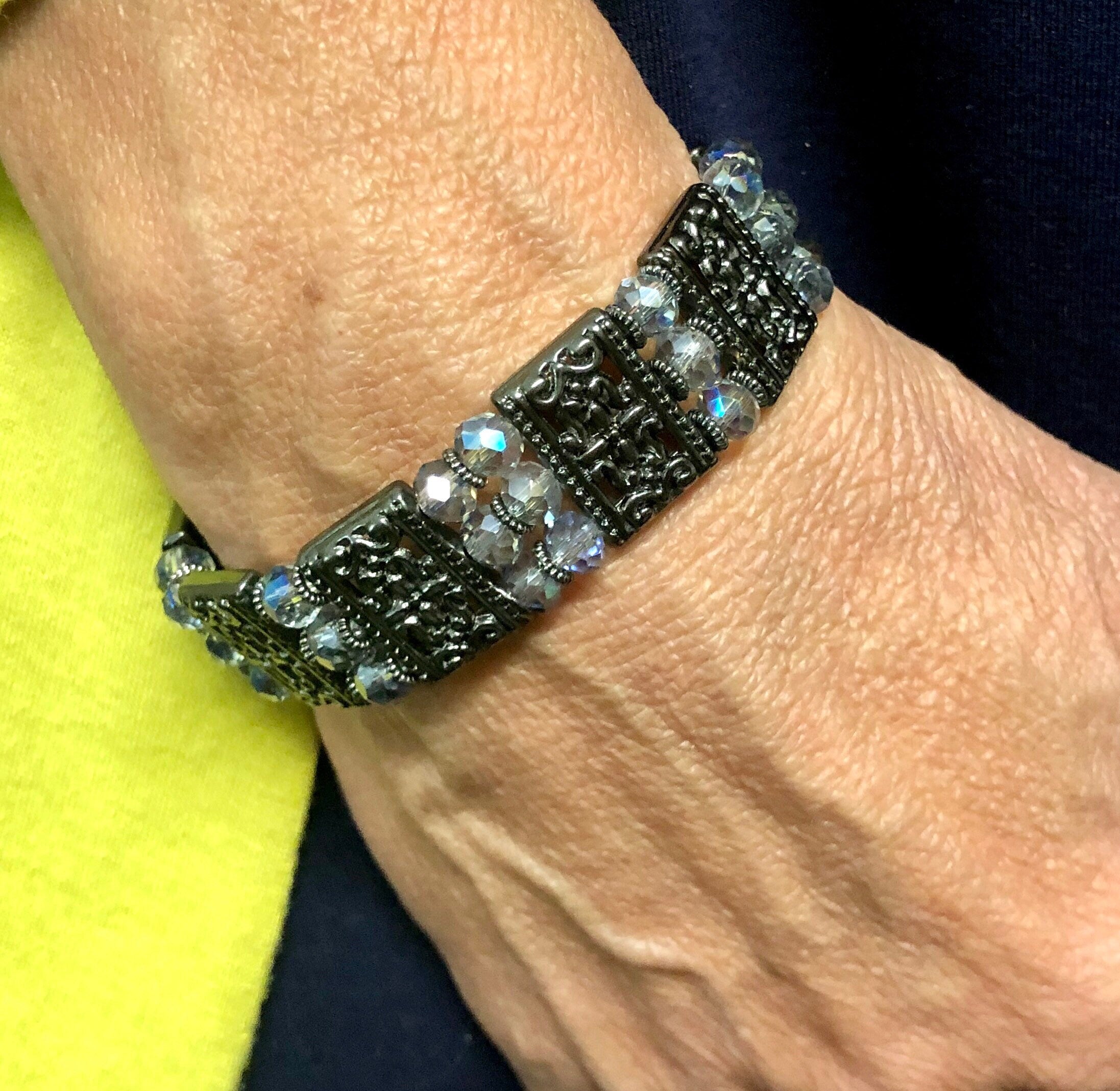 MossberryandStone Crystal Cuff Bracelet Triple Strand Beaded Stretch Gunmetal