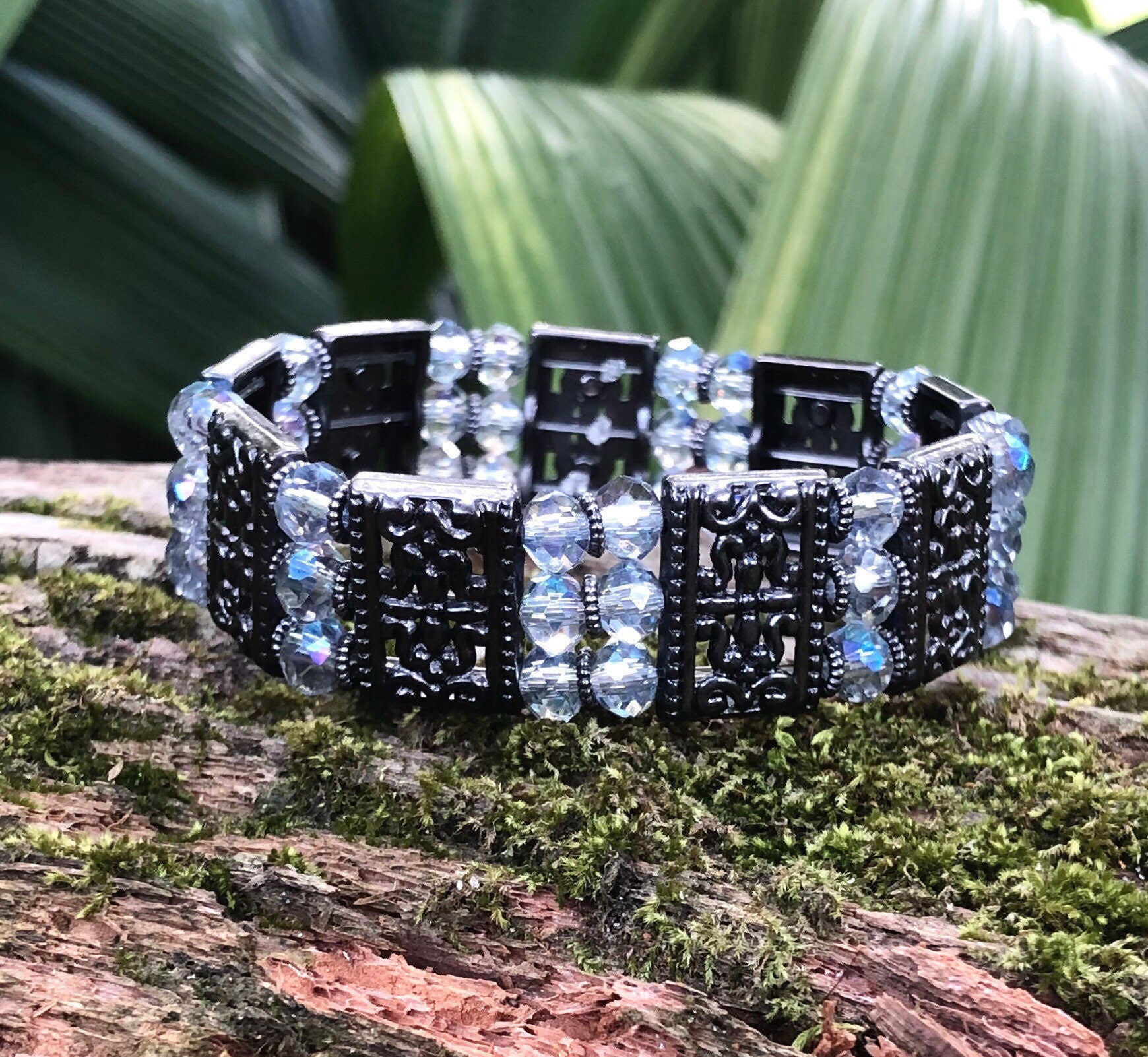 MossberryandStone Crystal Cuff Bracelet Triple Strand Beaded Stretch Gunmetal